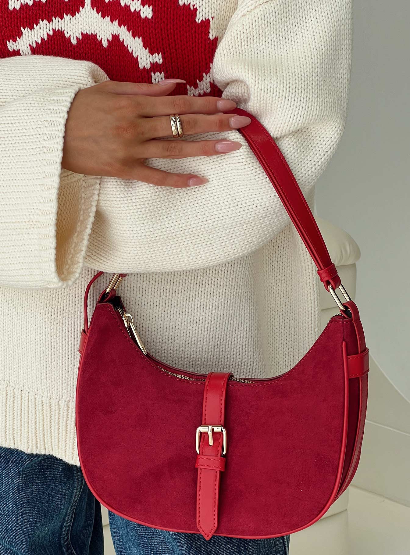 Jaxton Buckle Faux Suede Shoulder Bag Red、mySite、solidvoid
