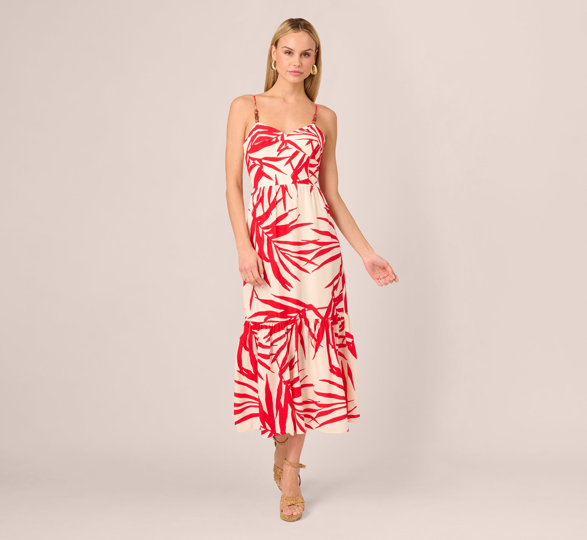 Beaded Strap Palm Leaf Flounce Sundress In Red Ivory、mySite、solidvoid