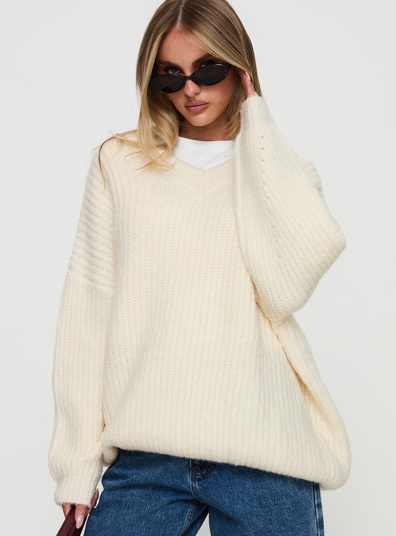 Have It All V Neck Knit Sweater Cream、mySite、solidvoid