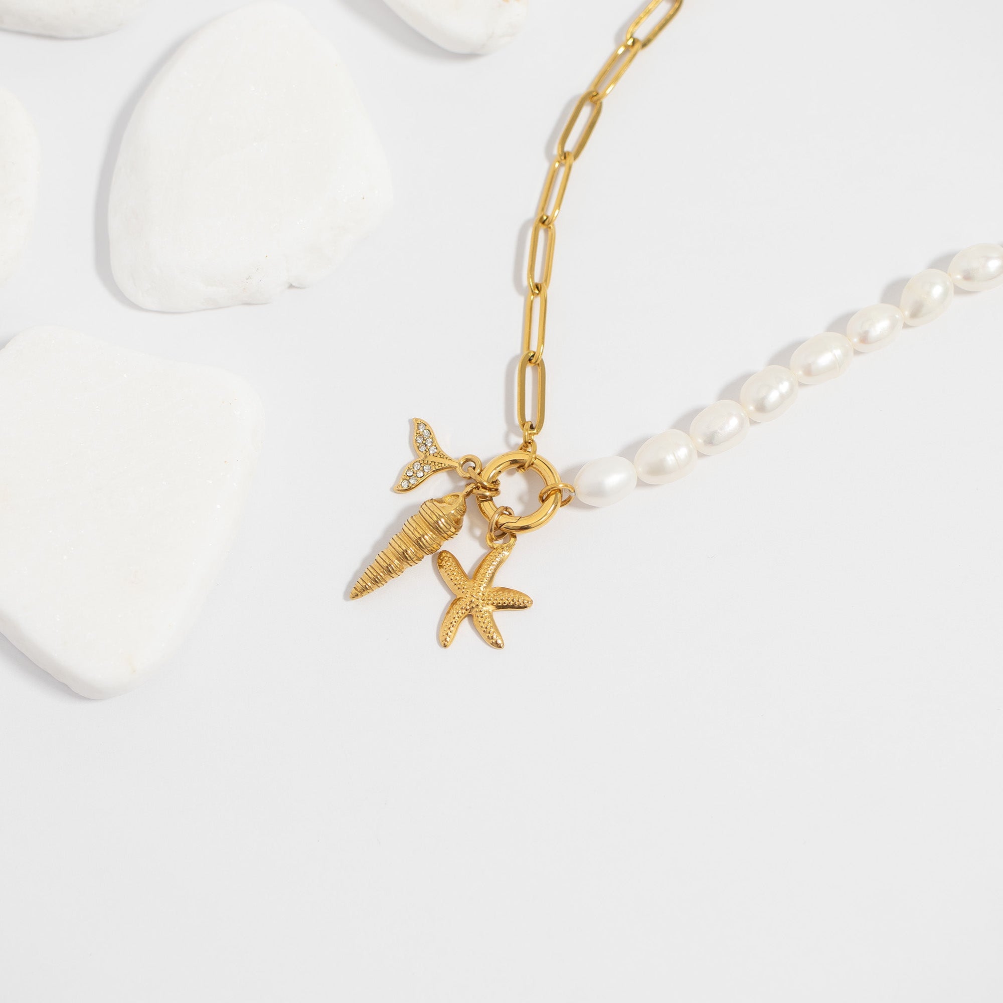 Stainless Steel Freshwater Pearl Paperclip Split Charm Holder Necklace / CHN0103、mySite、dreamappss