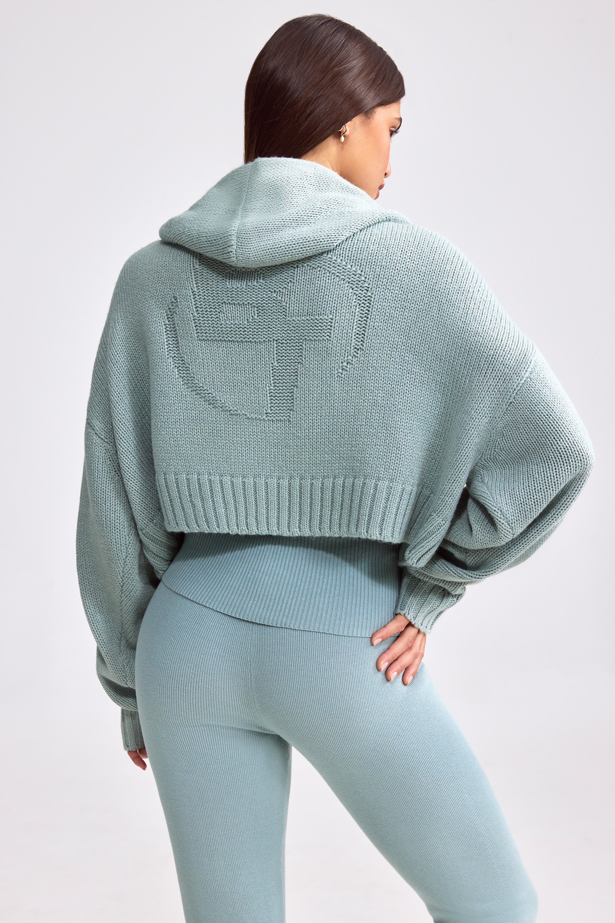 Cropped Zip-Up Chunky Knit Hoodie in Dusty Teal、mySite、solidvoid