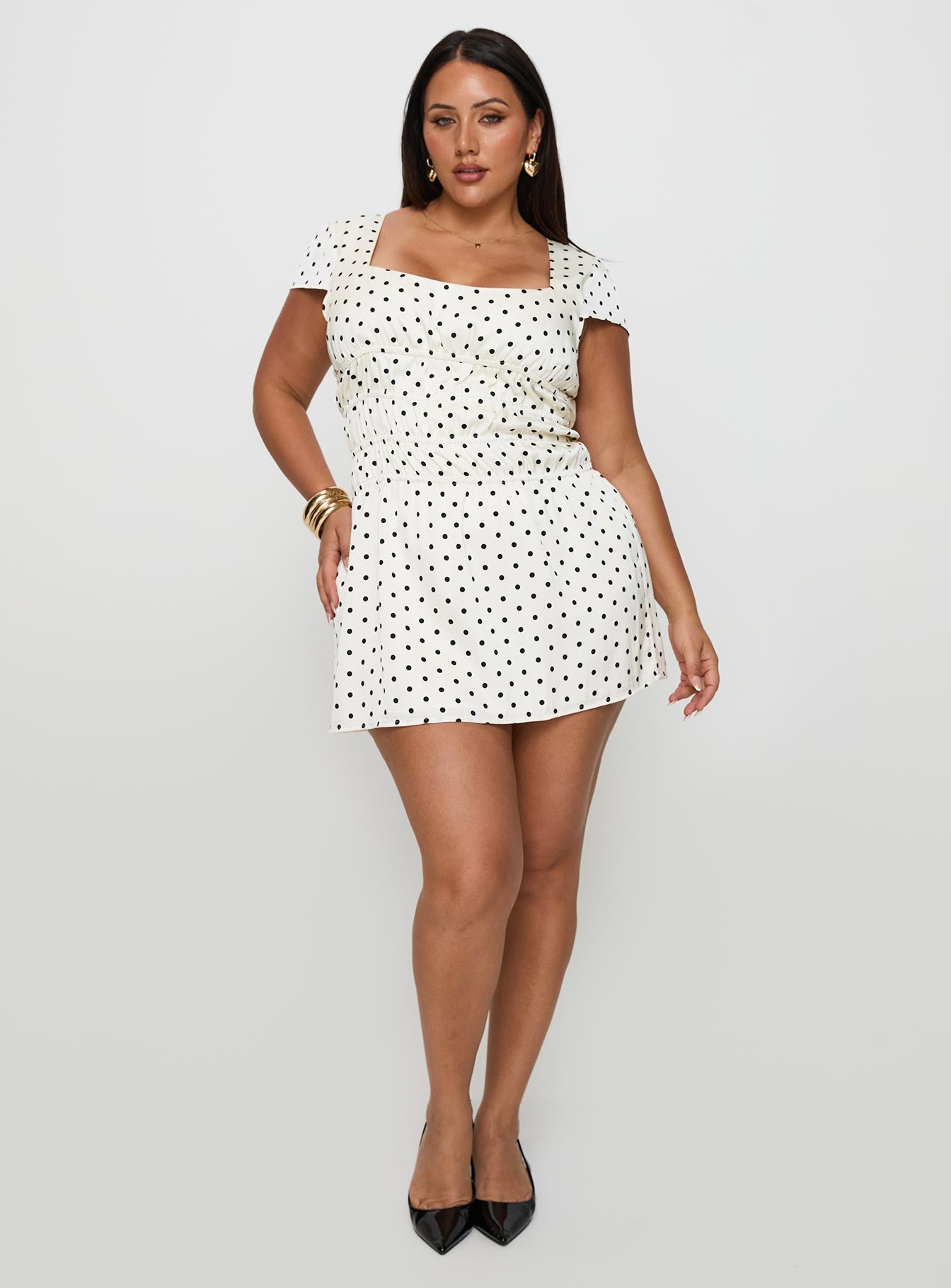 Evangelie Ruched Mini Dress White Polka Curve、mySite、solidvoid