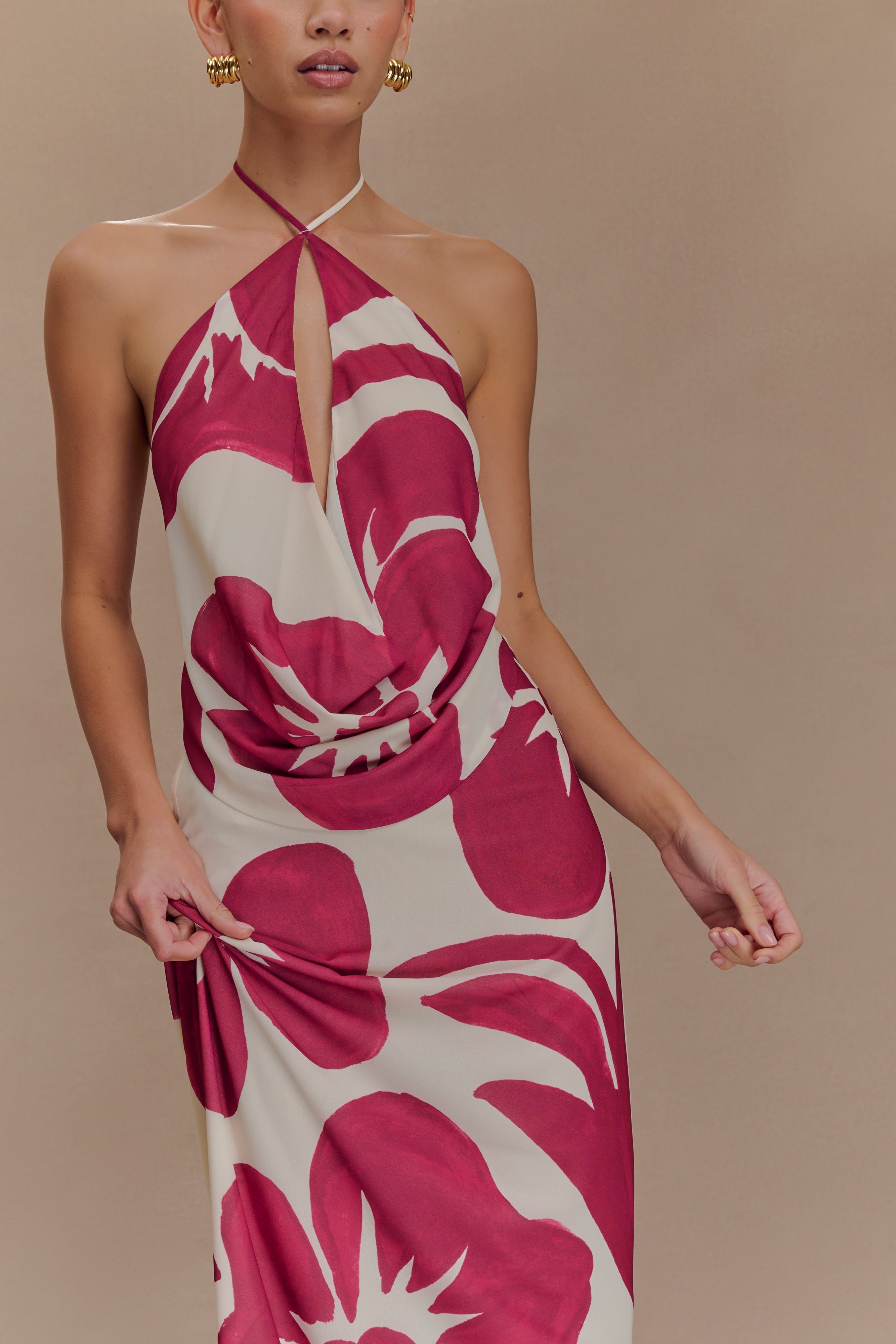 Katalina Chiffon Cowl Halter Top - Red Deco Fleur Print、mySite、solidvoid