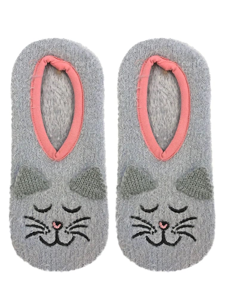 Grey Kitty Cat Fuzzy Footie Slipper Socks With Grips、mySite、g9winljtr