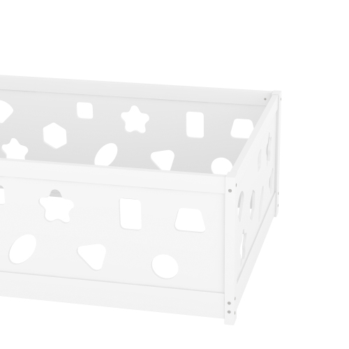Twin Size Floor Bed with Heightened Safety Guardrails and Door, Solid Wood Bedframe with Rails for Girls, Boys, Teens, Child Bedroom, Kids Playroom, No Slats Included, White、、casual