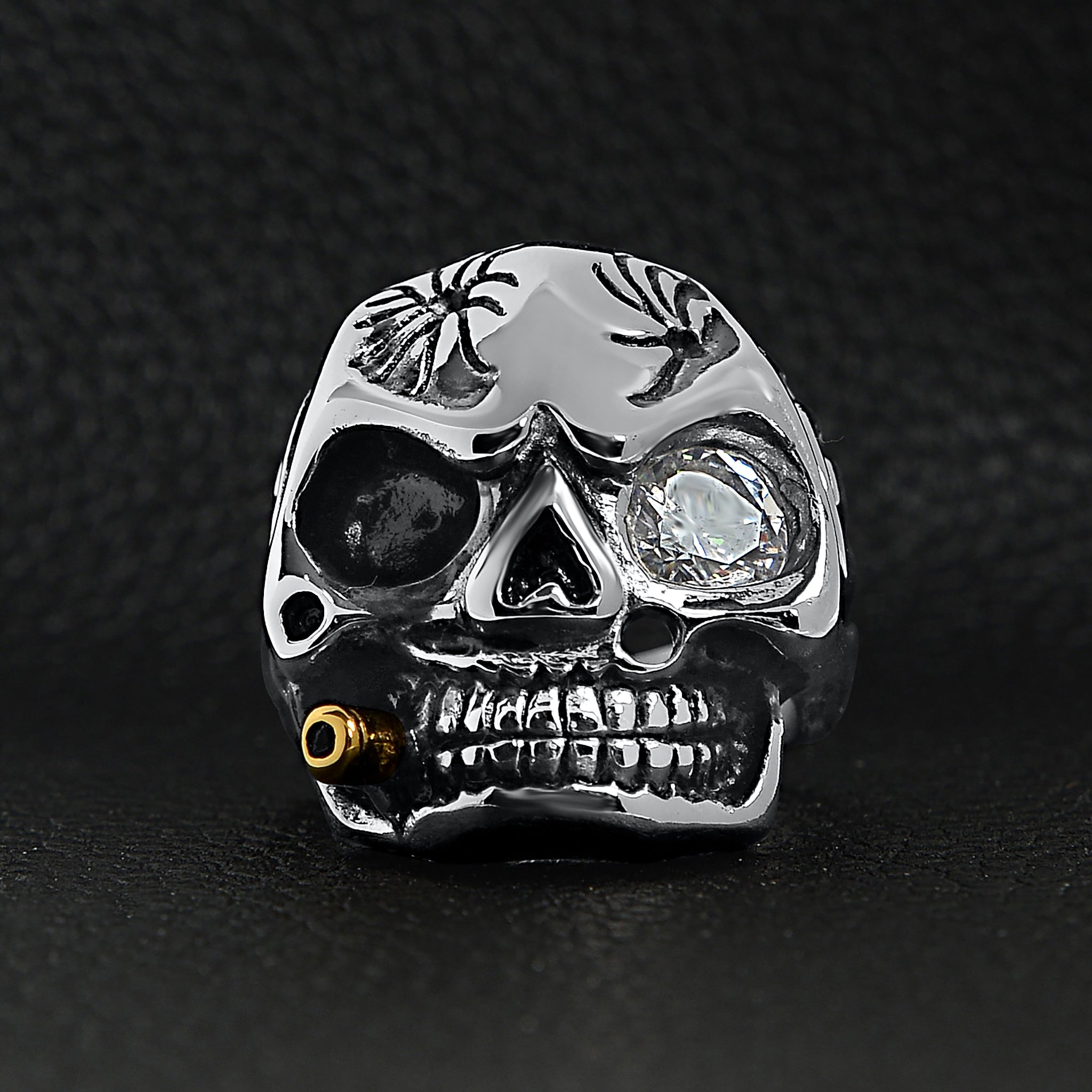 Stainless Steel Skull Smoking 18K Gold PVD Coated Cigar And Single CZ Eye Ring / SCR4047、mySite、dreamappss