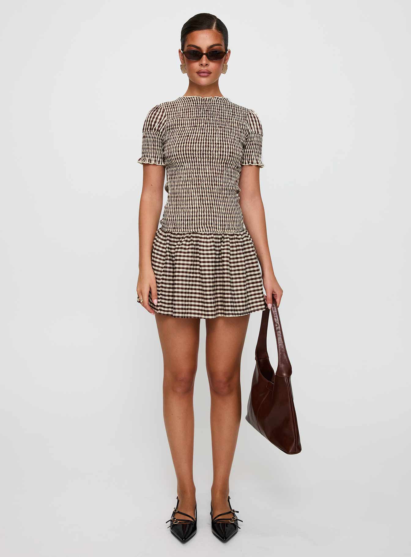 Laurita Shirred Mini Dress Brown Check、mySite、solidvoid
