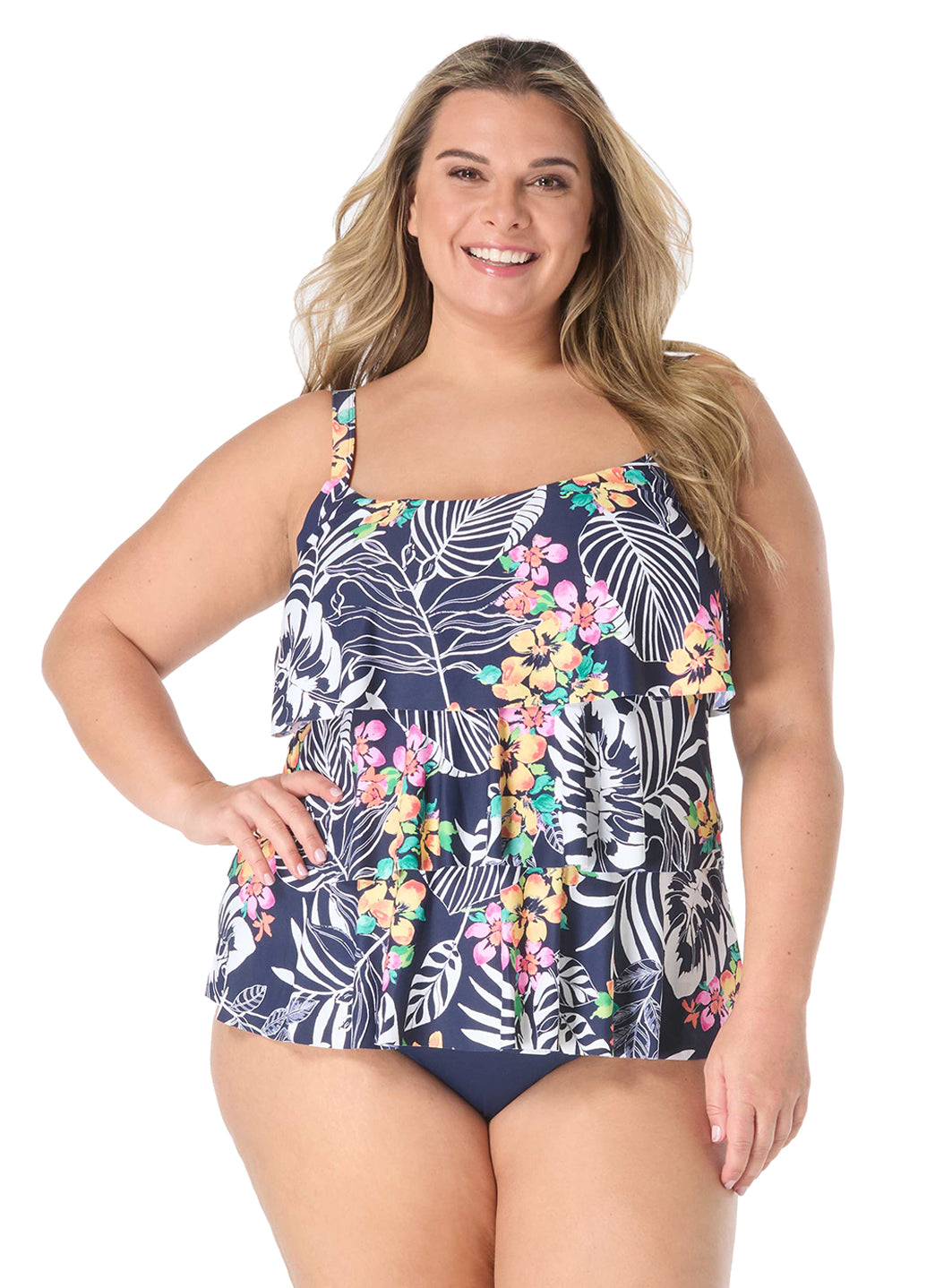 Beach House Women's Plus Size Indigo Jungle Jane Ruffle Tankini Top、mySite、noshort