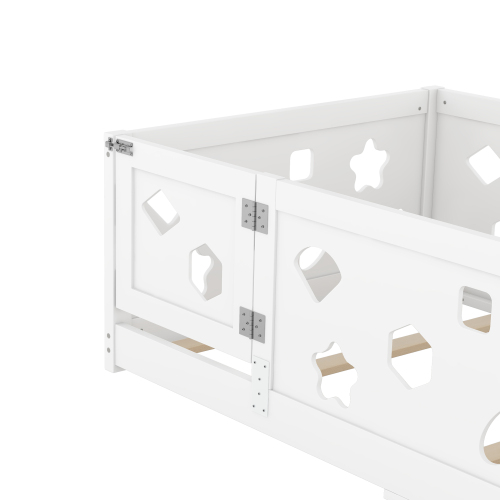 Twin Size Floor Bed with Heightened Safety Guardrails and Door, Solid Wood Bedframe with Rails for Girls, Boys, Teens, Child Bedroom, Kids Playroom, No Slats Included, White、、casual
