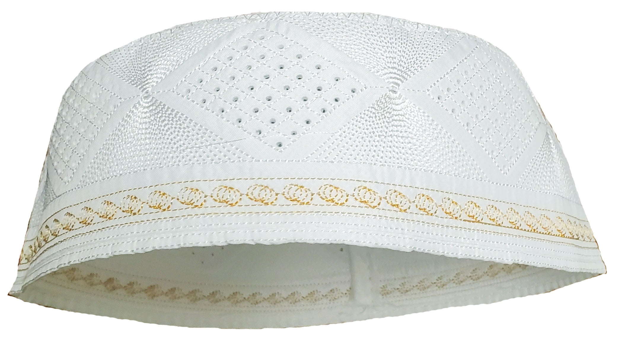 White with Gold Kofia Hat African Embroidered Kufi Cap DPH625、mySite、solidvoid