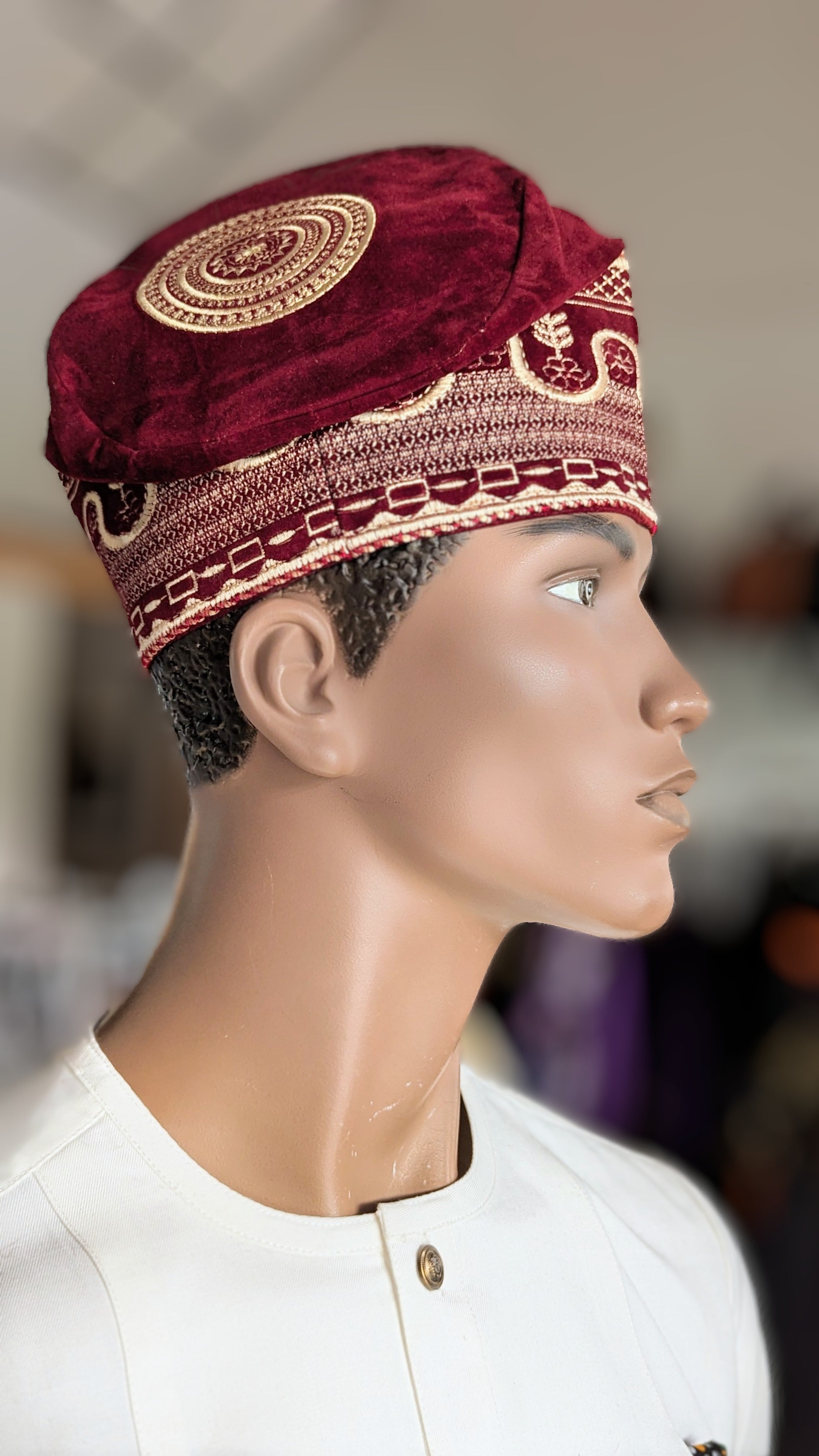 Dupsie's Goruba Burgundy Velvet Kufi Fila Cap Hat with Beige and Gold Embroidery DPHBBVH7、mySite、solidvoid