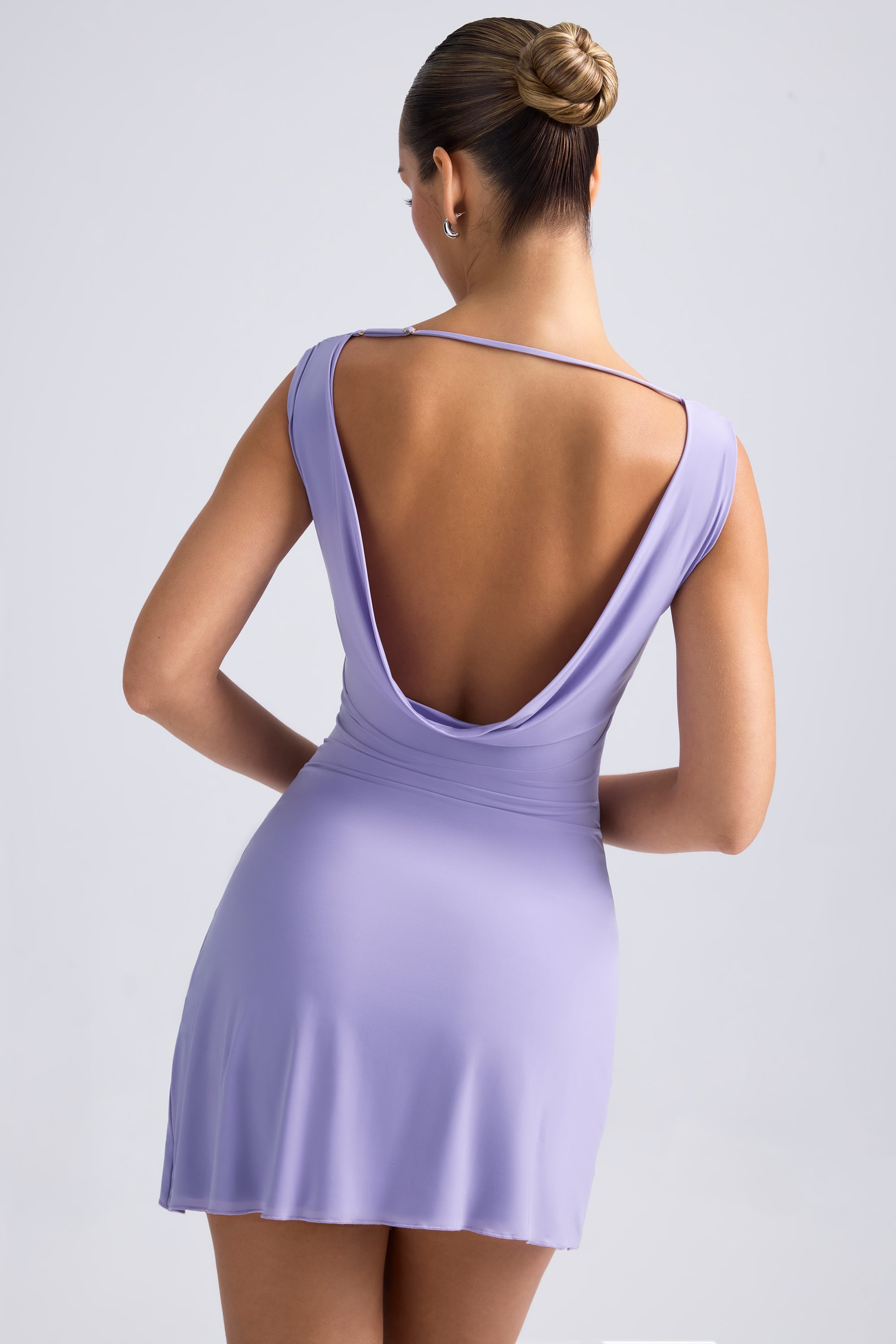 Off-Shoulder Cowl-Back A-Line Mini Dress in Dusty Lilac、mySite、solidvoid