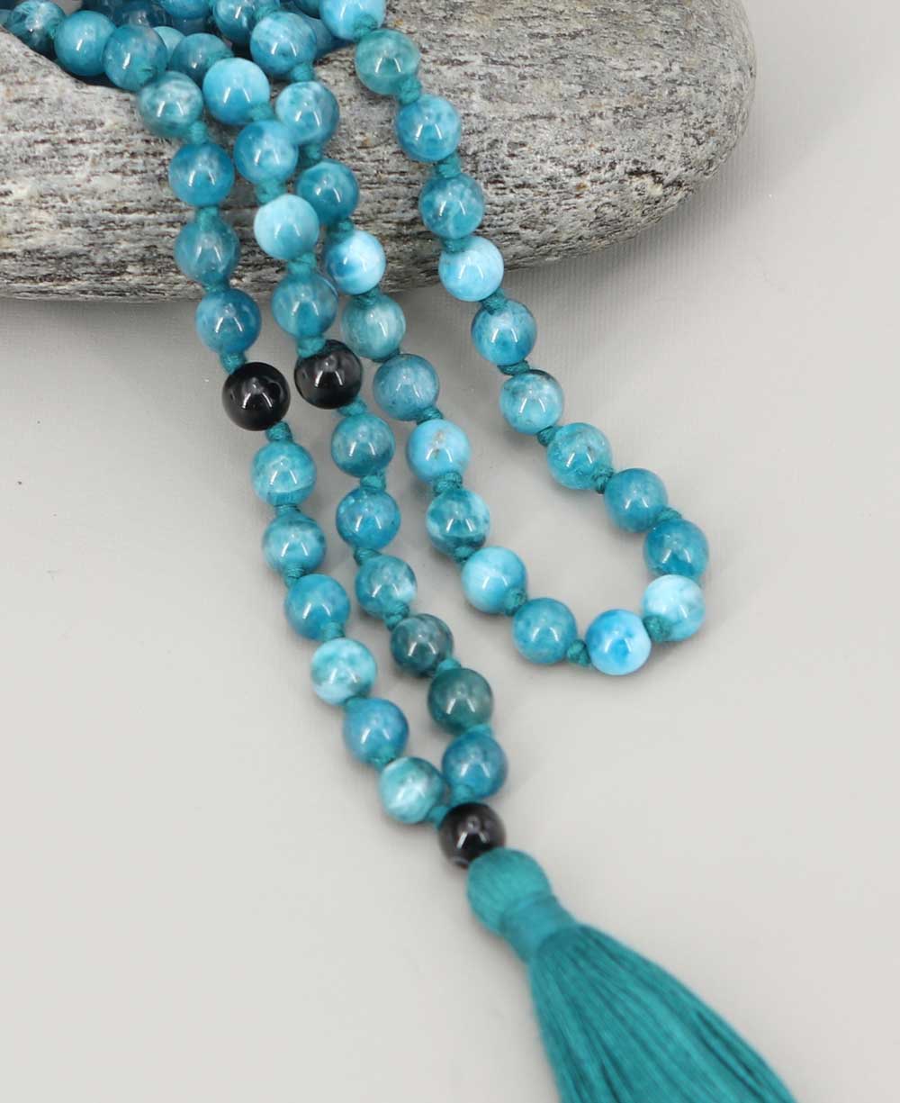 Blue Apatite and Black Onyx 108 Beads Meditation Mala, Knotted、mySite、topwebapps