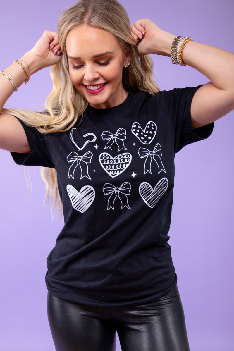 Hearts and Bows Outlined Graphic Tee - Black、mySite、hinf8tx79