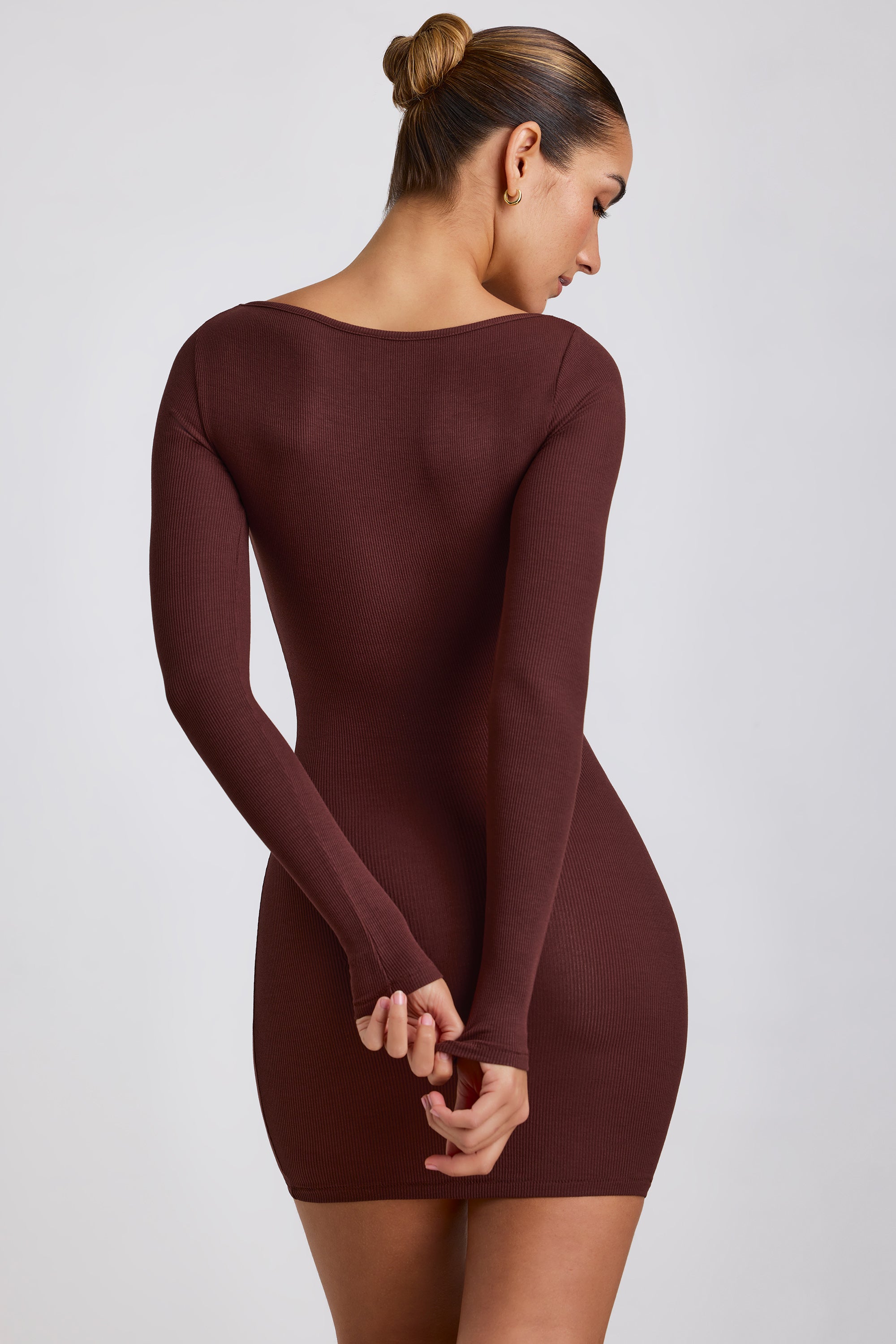Ribbed Modal Long Sleeve Mini Dress in Chocolate、mySite、solidvoid