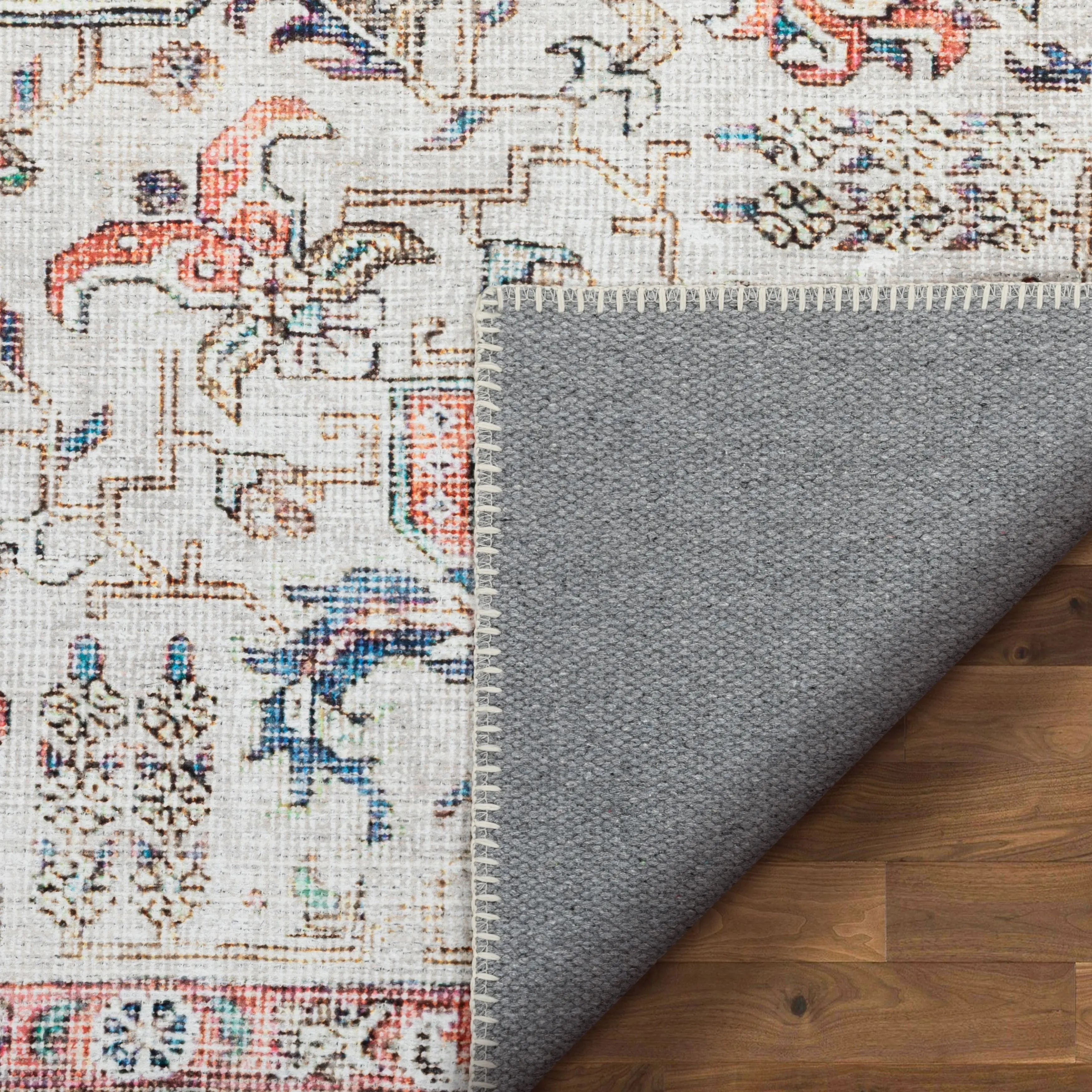 Pomona Machine Washable Vintage Medallion Botanical Border Ivory Flat-Weave Distressed Rug、mySite、gigharbornorthrealestate