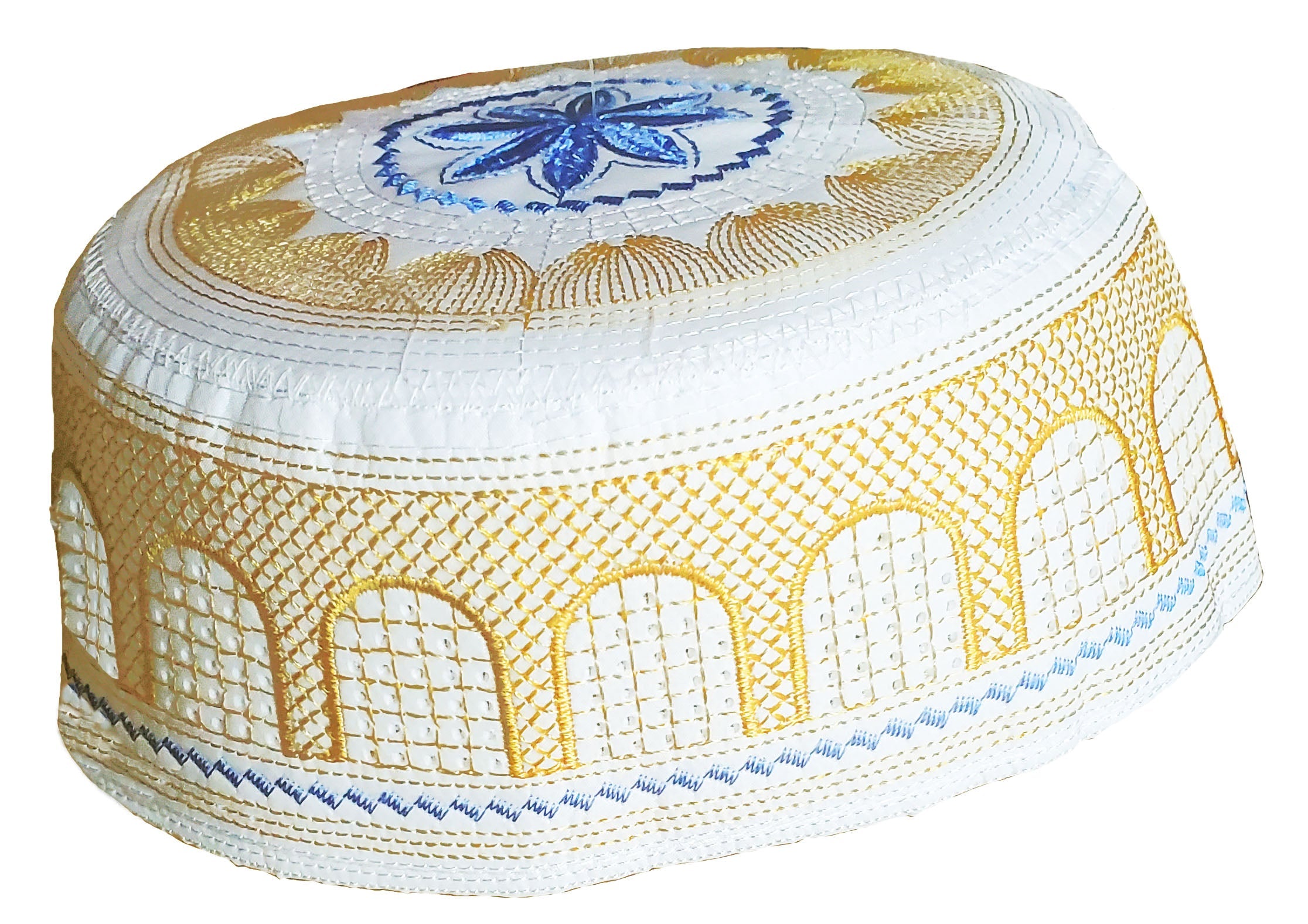 White, Gold and Blue Kofia Hat African Embroidered Kufi Cap-DPH623、mySite、solidvoid