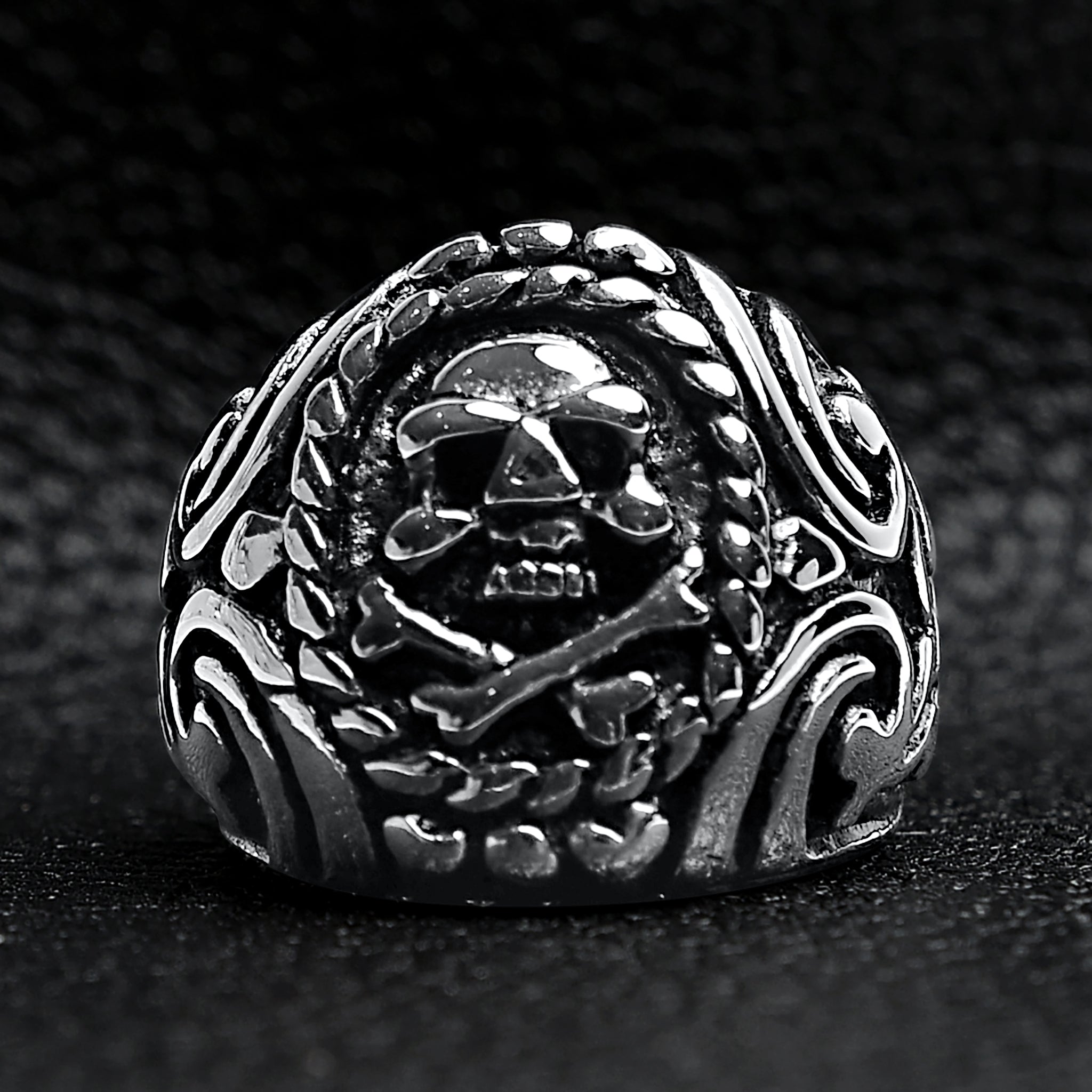 Polished Skull And Crossbones With Ocean Pattern Stainless Steel Ring / SCR1001、mySite、dreamappss