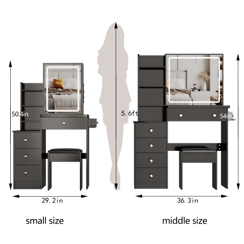 29.2" Small Size Left Bedside Cabinet Vanity Table + Cushioned Stool, Large Sliding, Touch Control, Tri-color Switching, Brightness Adjust LED Mirror, High Capacity Storage, Suitable for Small Space、、xpatfood