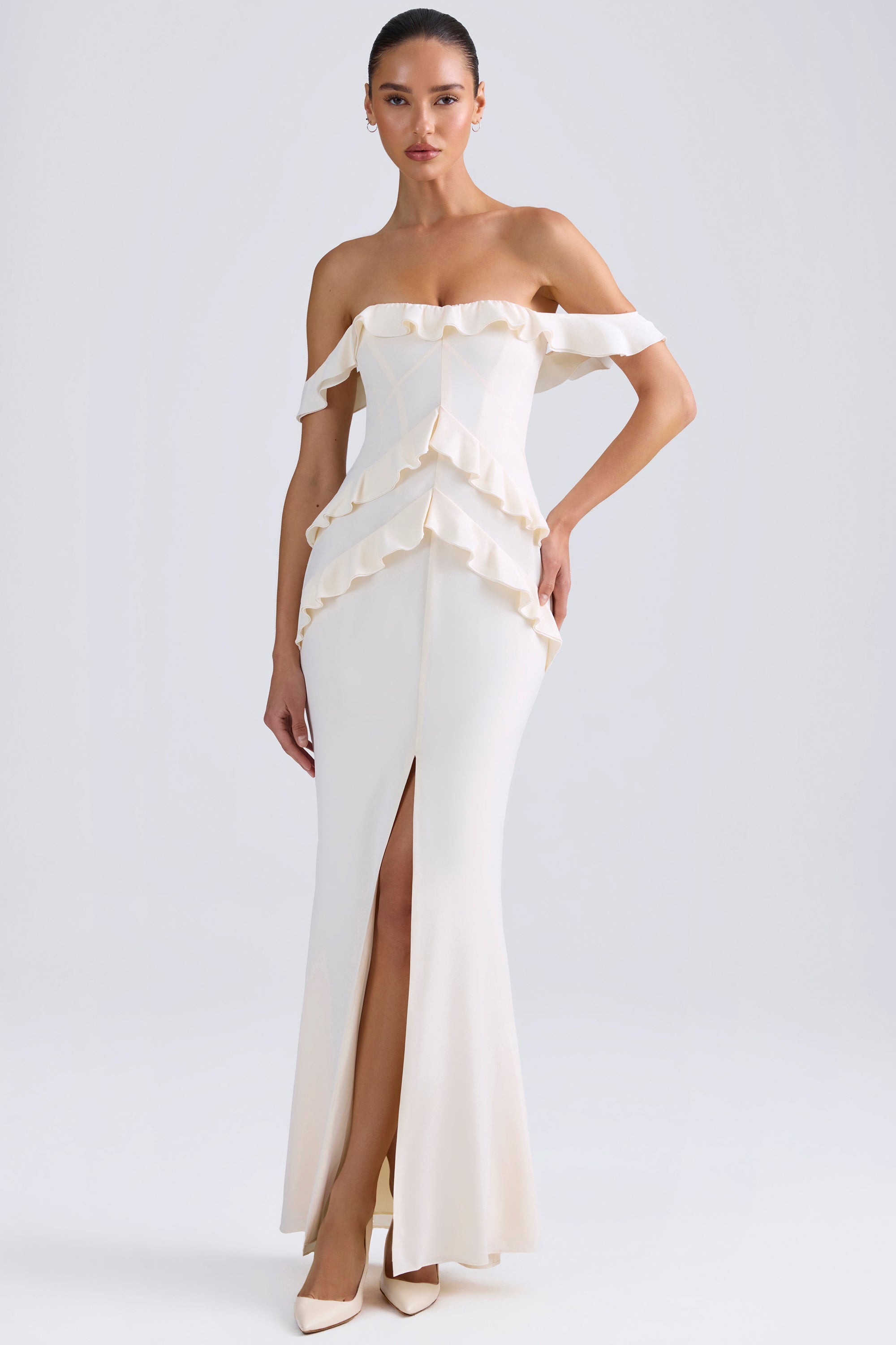 Off-Shoulder Ruffle-Trim Gown in Ivory、mySite、solidvoid