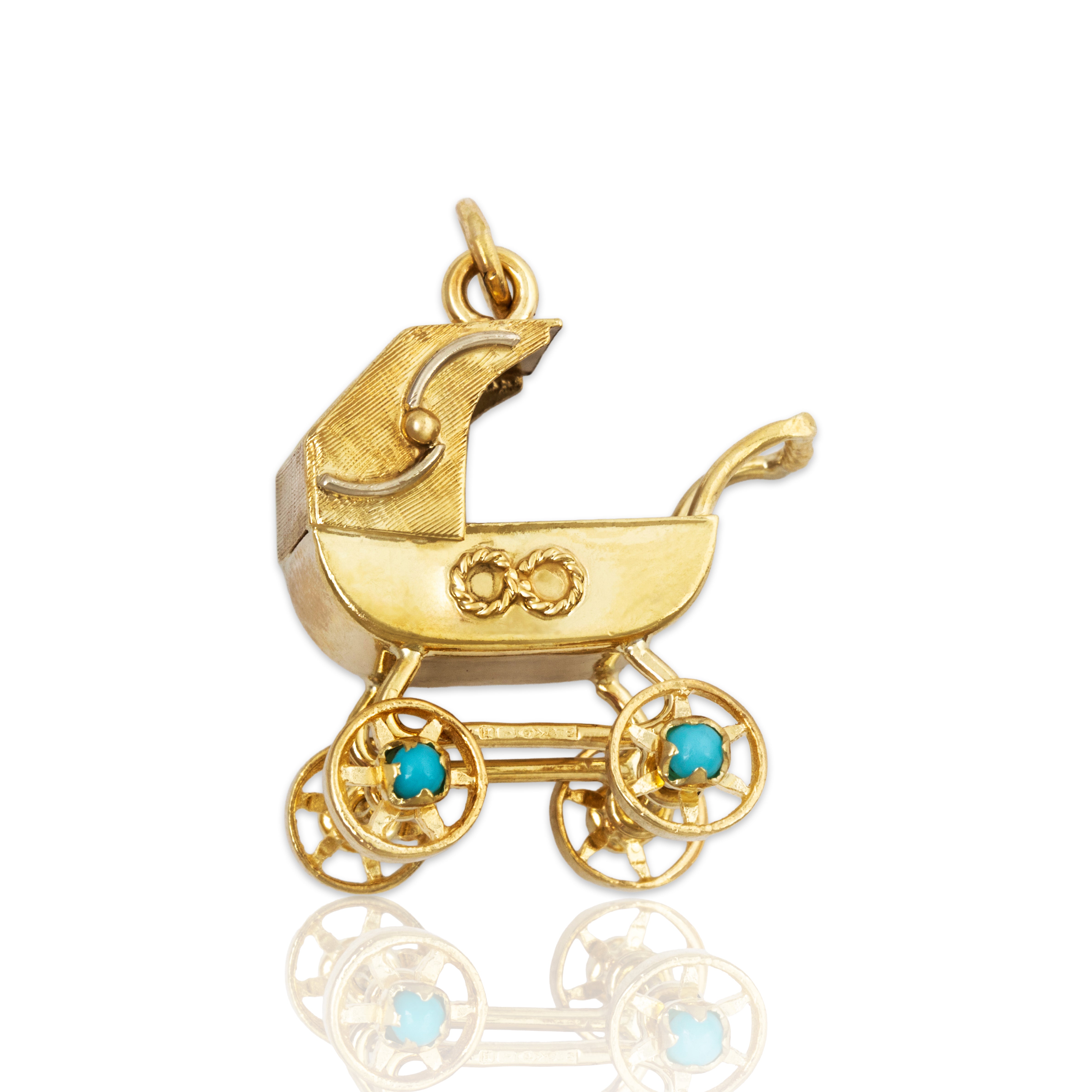Vintage English 9k Yellow Gold Glass Cabochons Articulated Baby Carriage Charm、mySite、hinf8tx79