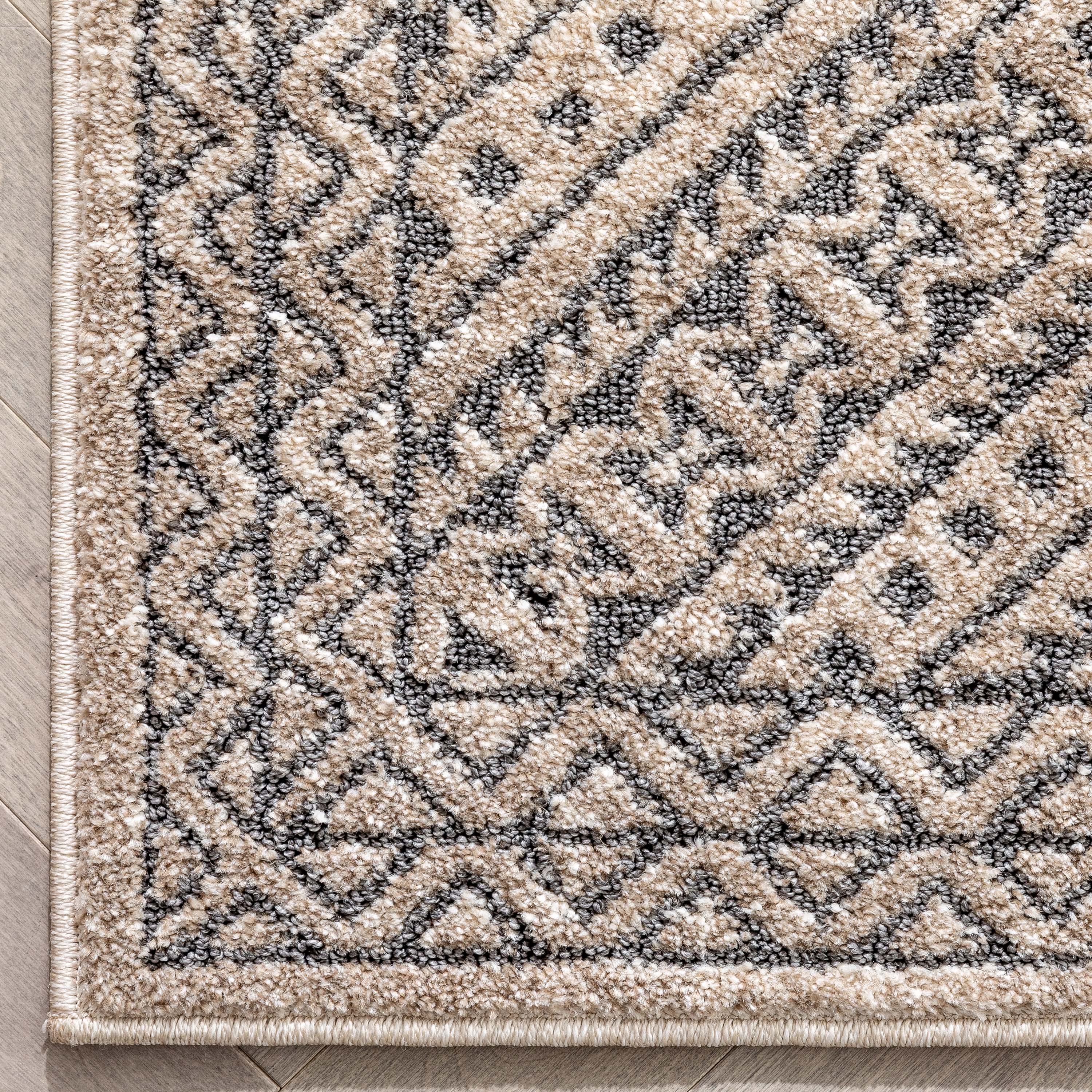 Lyre Tribal Mosaic Tile-Work Beige & Grey Distressed High-Low Rug、mySite、gigharbornorthrealestate