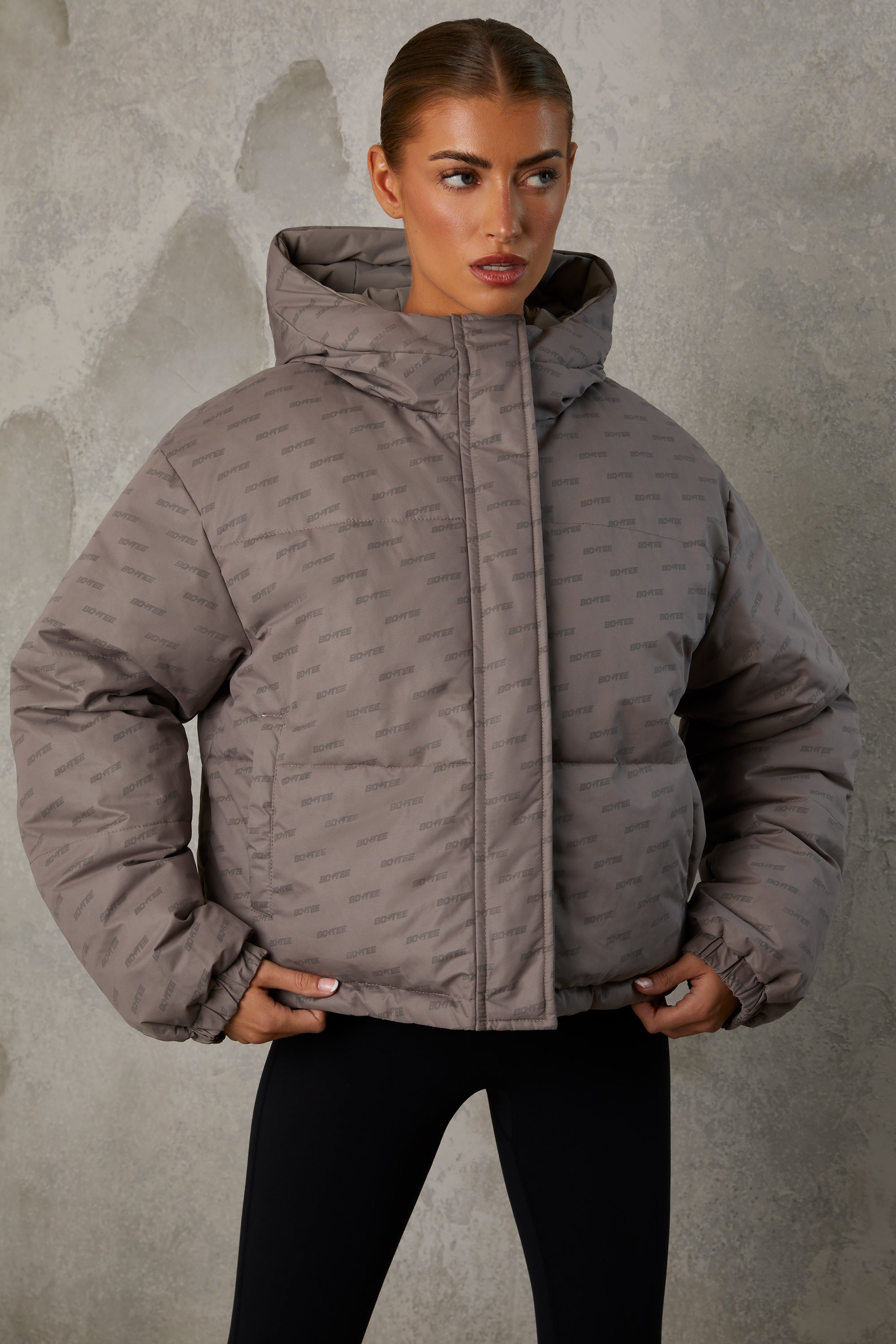 Reversible Hooded Puffer Jacket in Warm Grey、mySite、solidvoid