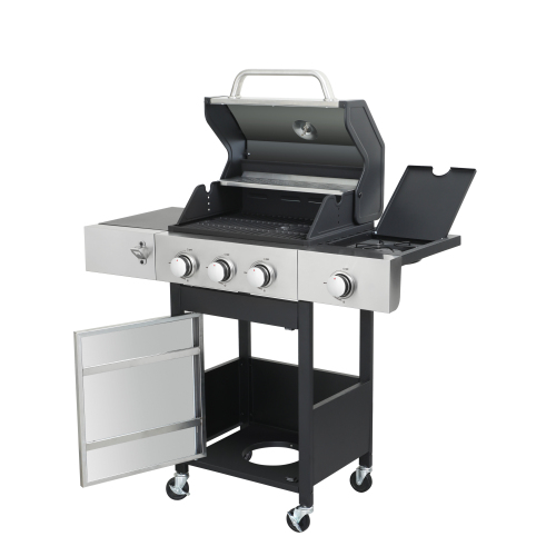 3-Burner Propane Gas BBQ Grill with Side Burner, 37230BTU Output With Enameled Cast Iron Cooking Grids For Outdoor Barbecue, Stainless Steel、、casual