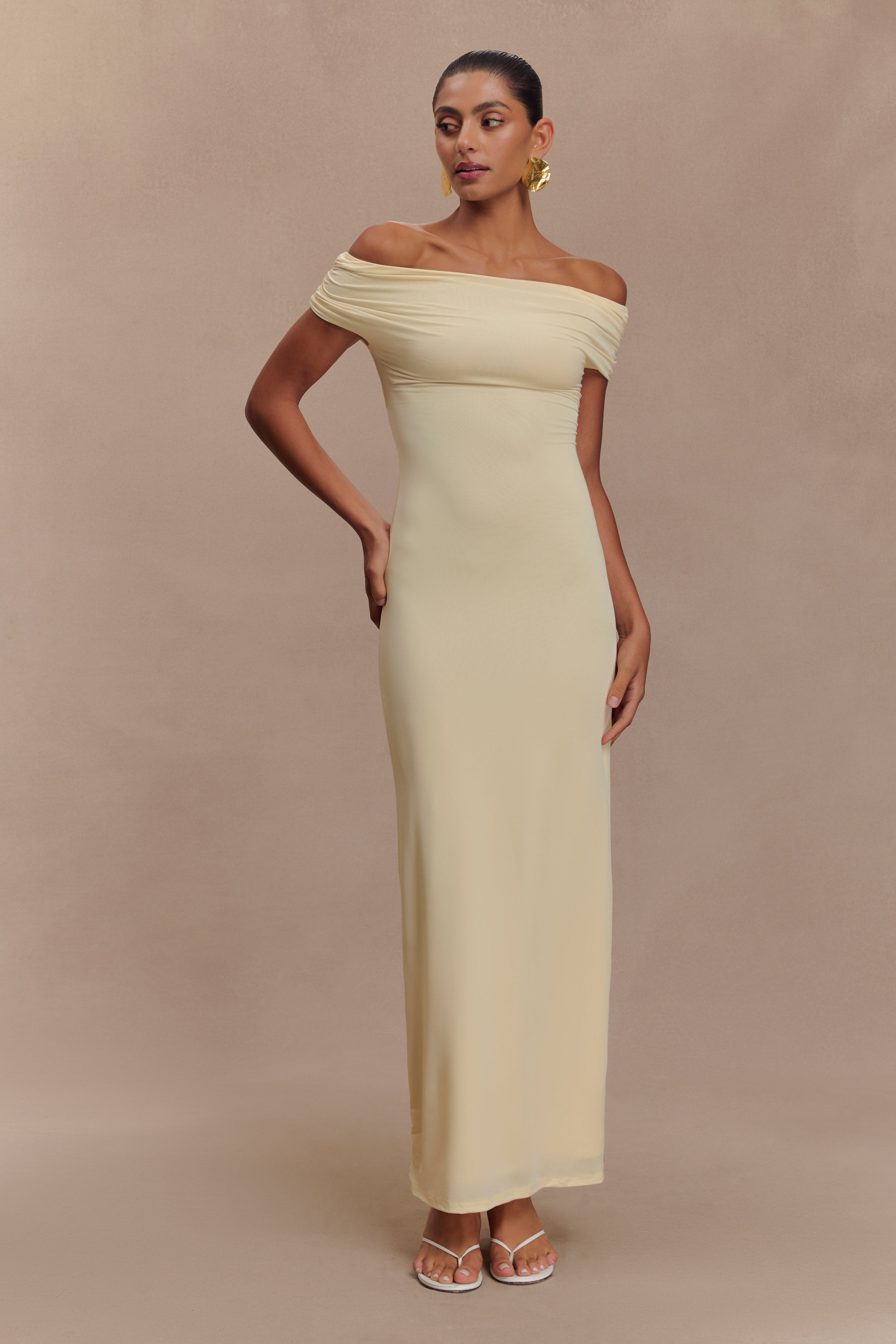 Imogen Off Shoulder Slinky Maxi Dress - Lemon、mySite、solidvoid