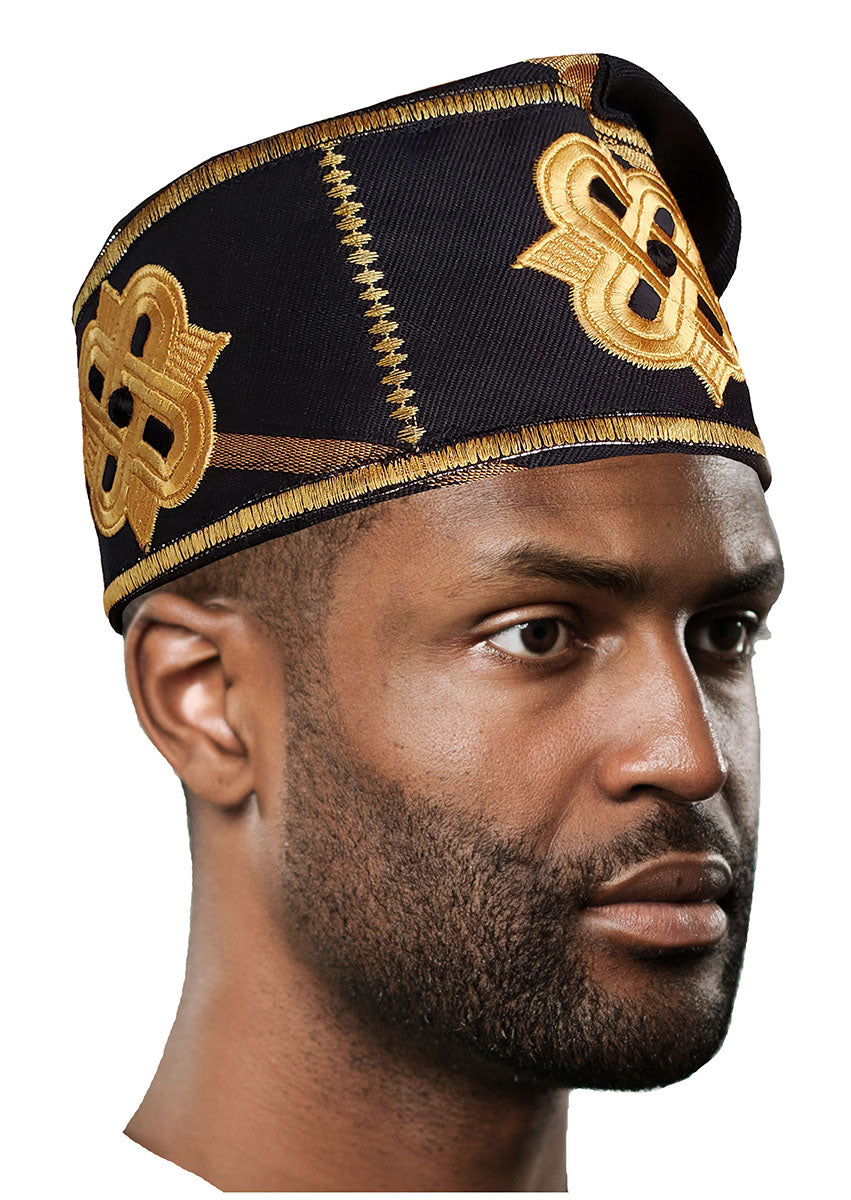 Black and Gold Embroidered African Hand woven Aso Oke Hat、mySite、solidvoid
