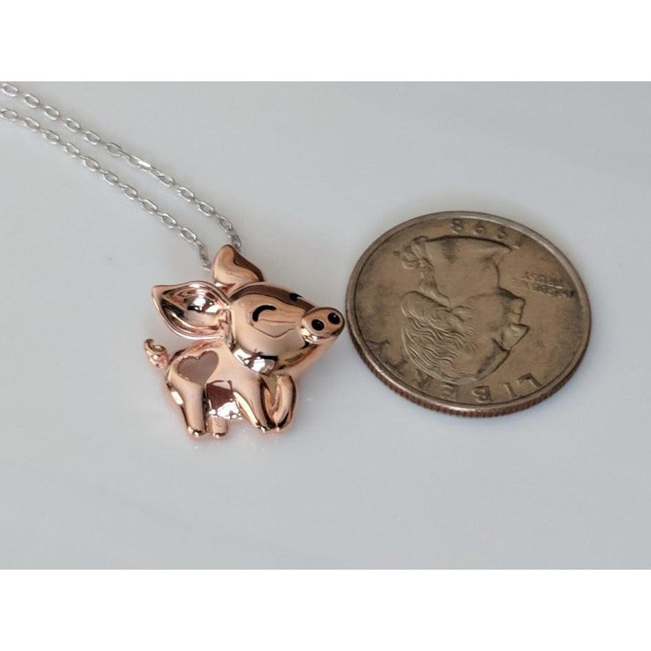 Pig Necklace with Cut Out Heart Rose, Yellow or White Gold Plated Sterling Silver、mySite、g9winljtr
