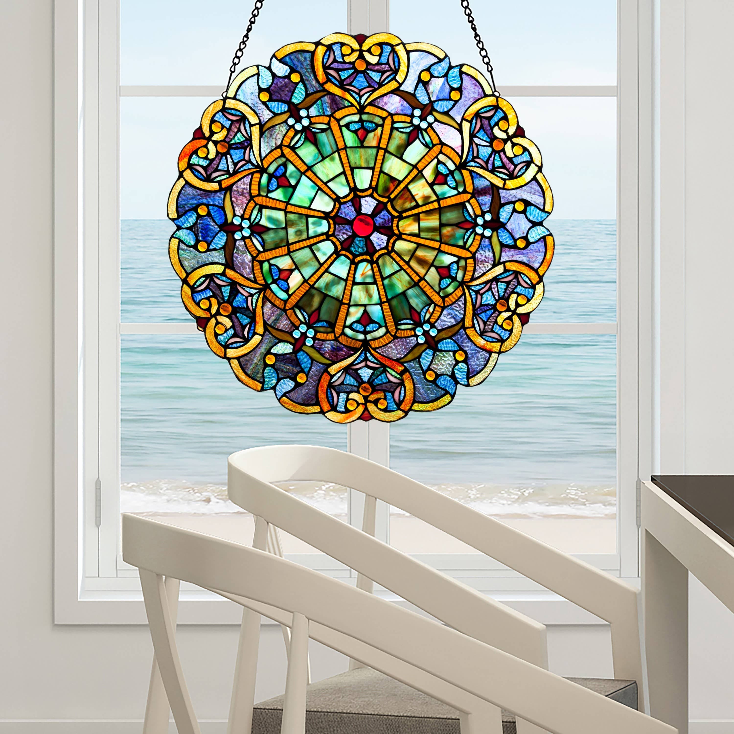 Adeline Blue Webbed Heart Stained Glass Window Panel 22H、mySite、g9winljtr