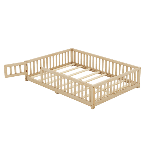 Twin Size Bed Floor Bed with Safety Guardrails and Door for Kids, Natural(Old SKU: W158090686)、、casual