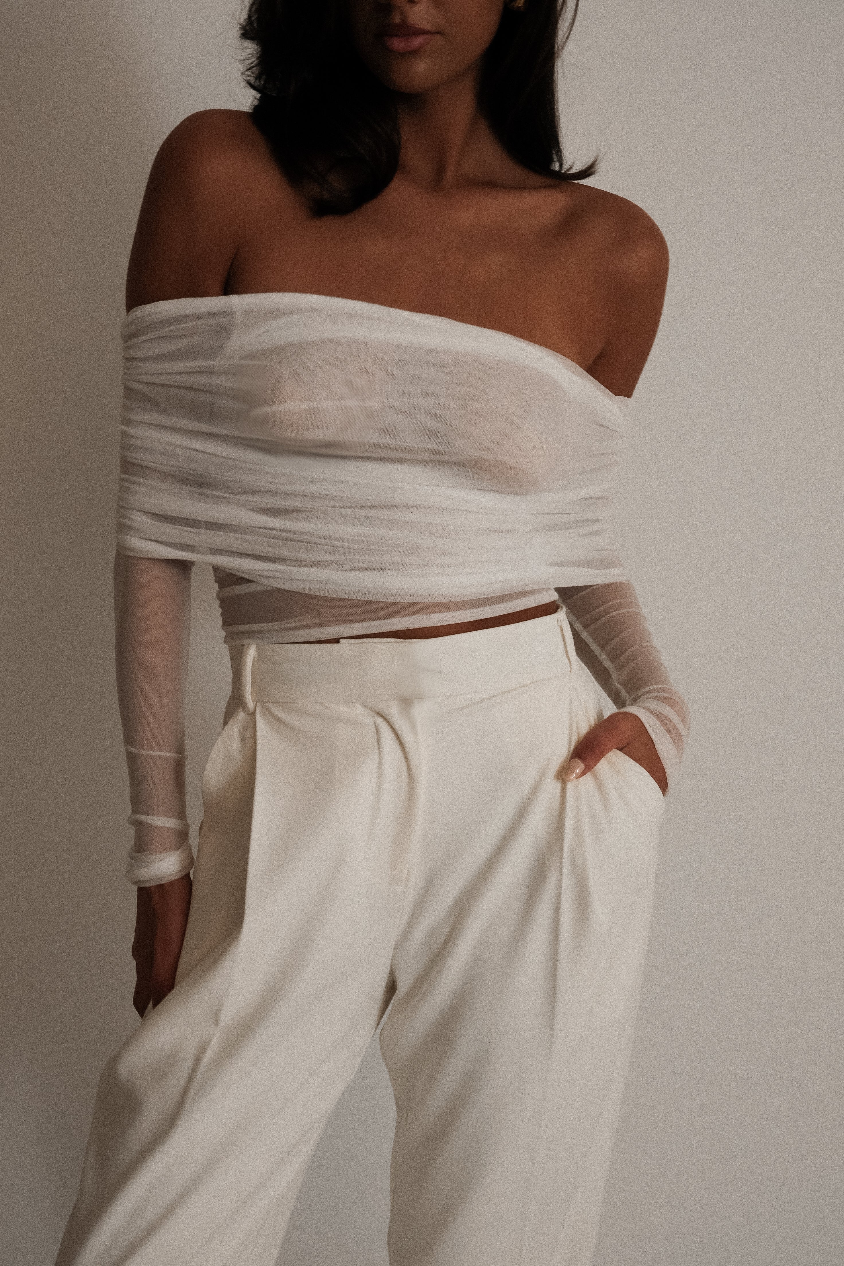 Everly Sheer Mesh Off Shoulder Top - Ivory、mySite、solidvoid