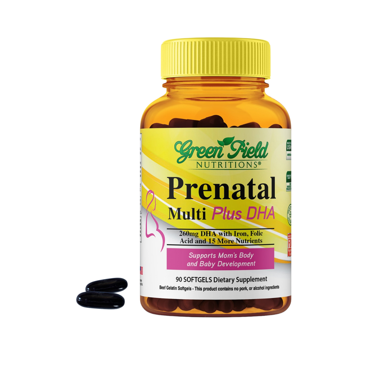 Greenfield Nutritions - Halal Prenatal with DHA, Folic Acid, Multi-vitamins with Minerals, 300mg DHA, - 90 Liquid Soft gel、mySite、topwebapps