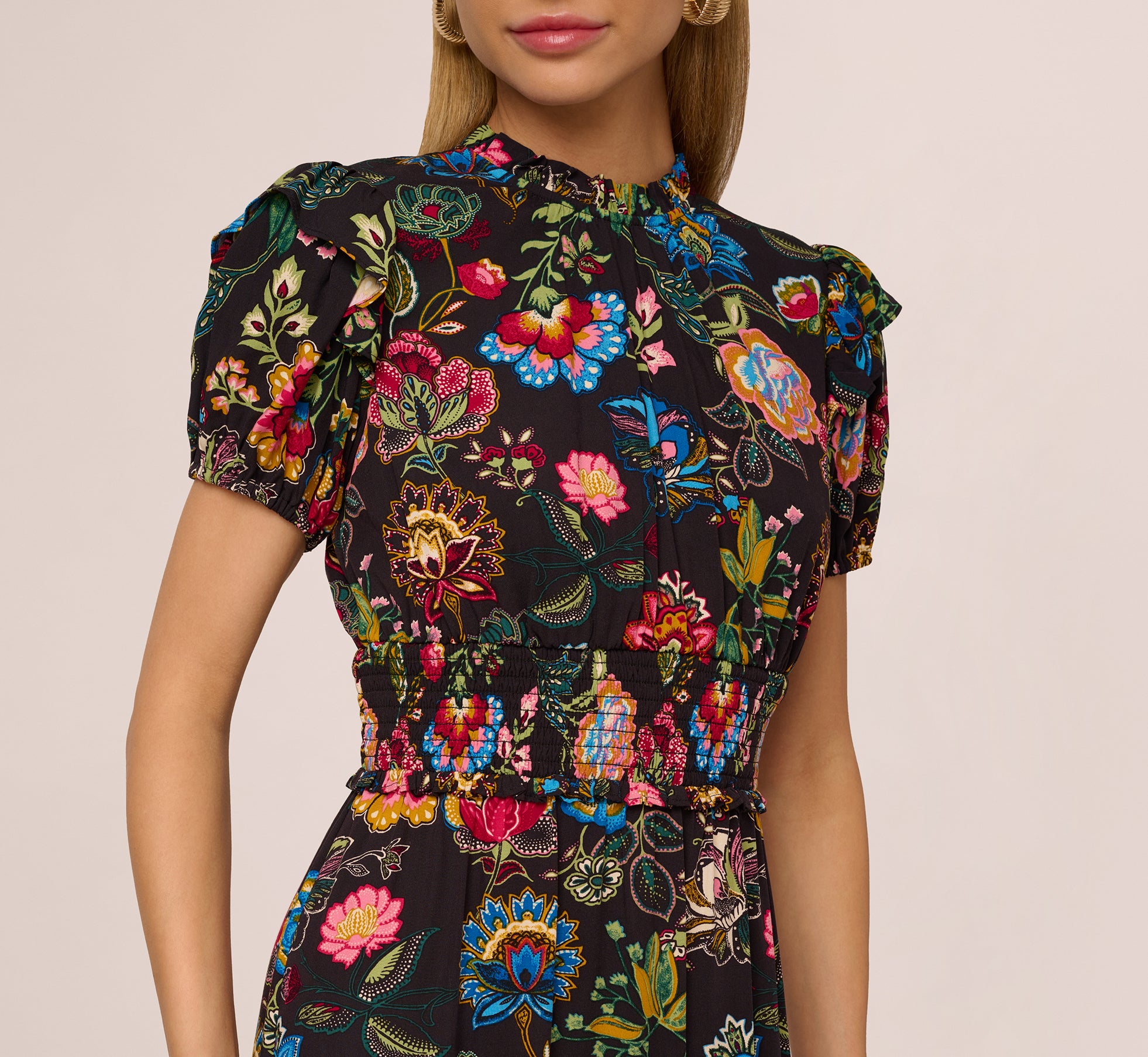 Puff Sleeve Floral Midi Flounce Dress In Black Multi、mySite、solidvoid