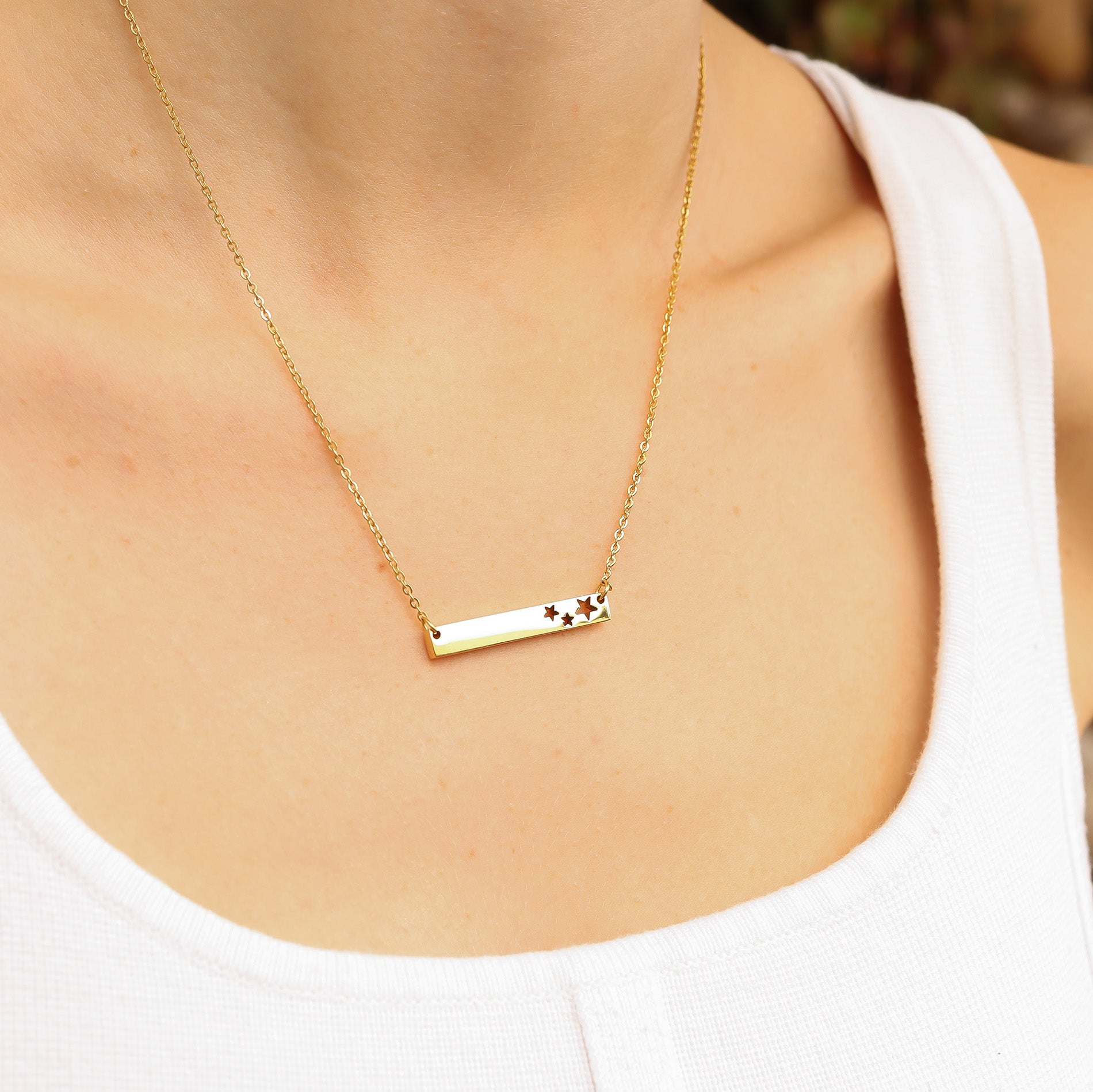 18K Gold PVD Stainless Steel Stars Cutout Horizontal Blank Bar Necklace / SBB0151、mySite、dreamappss