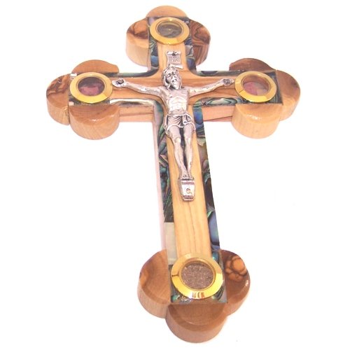  Thick Grade A Olive Wood 14 Stations Crucifix with Holy Land Samples and Mother of Pearls Decoration (18 cm or 7 inches)、mySite、elrpsem3k