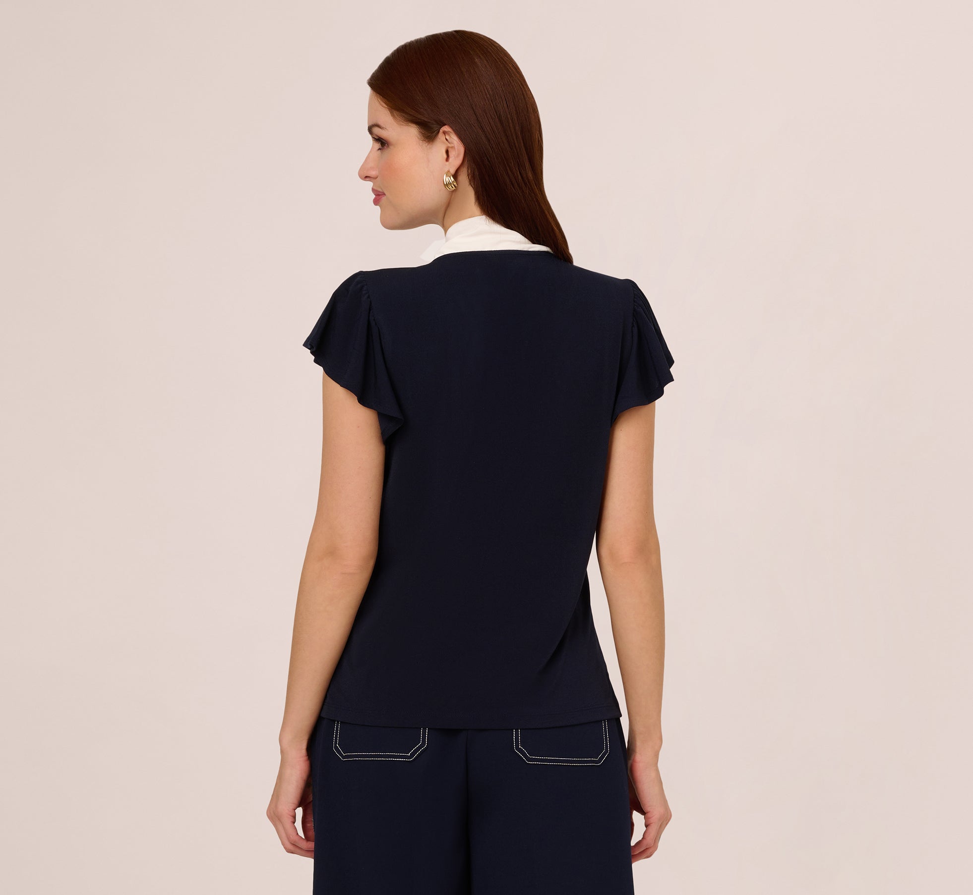 Flutter Sleeve Tie Neck Knit Top In Navy Ivory、mySite、solidvoid