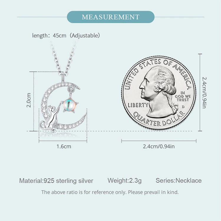 Cat in Moon Reaching for Star Necklace 925 Sterling Silver 18 adj. Chain、mySite、g9winljtr