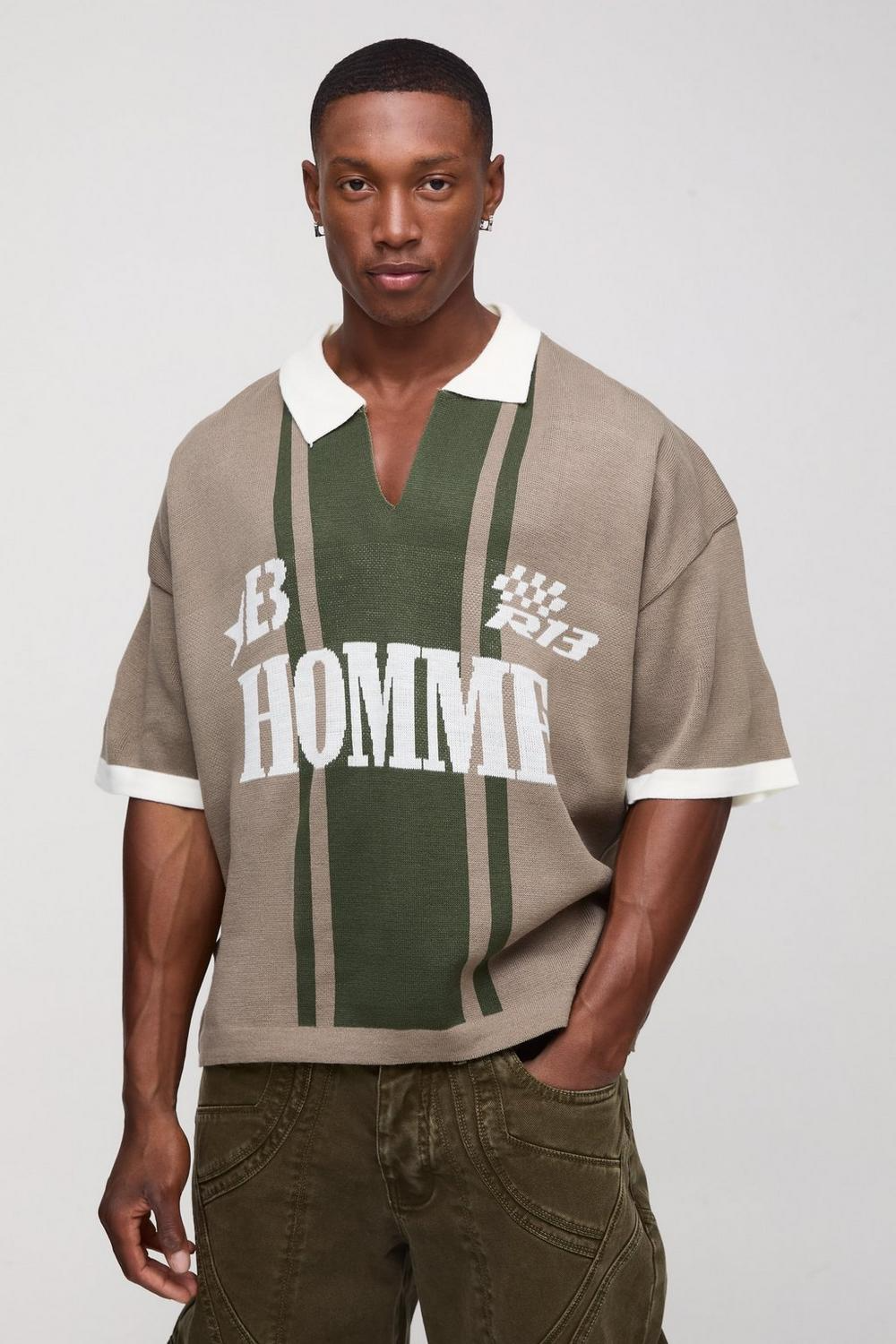  Boohooman Oversized Boxy Football Knitted Top Taupe、mySite、justintrudeaud