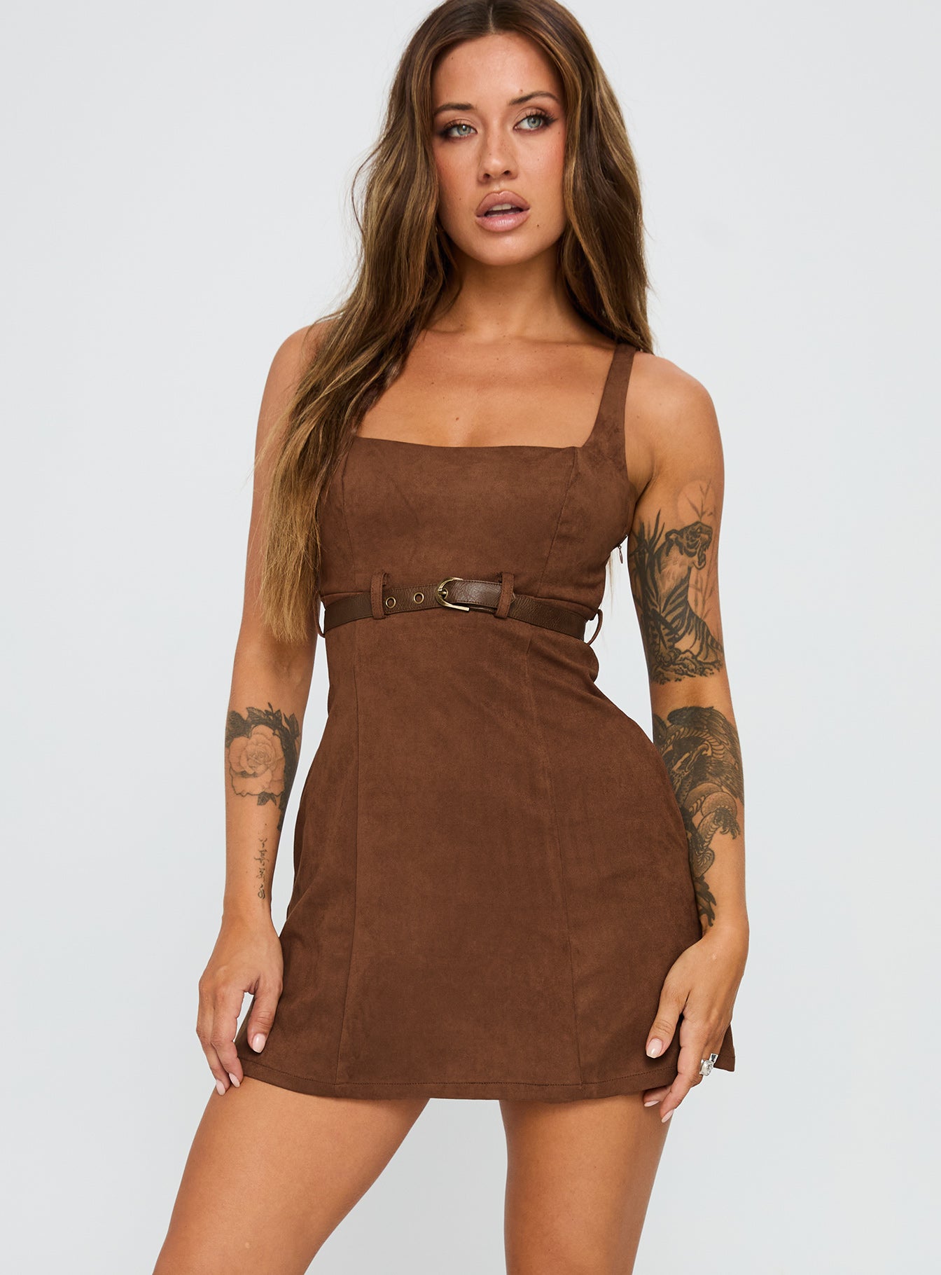 Way Back In Faux Suede Mini Dress Brown、mySite、solidvoid