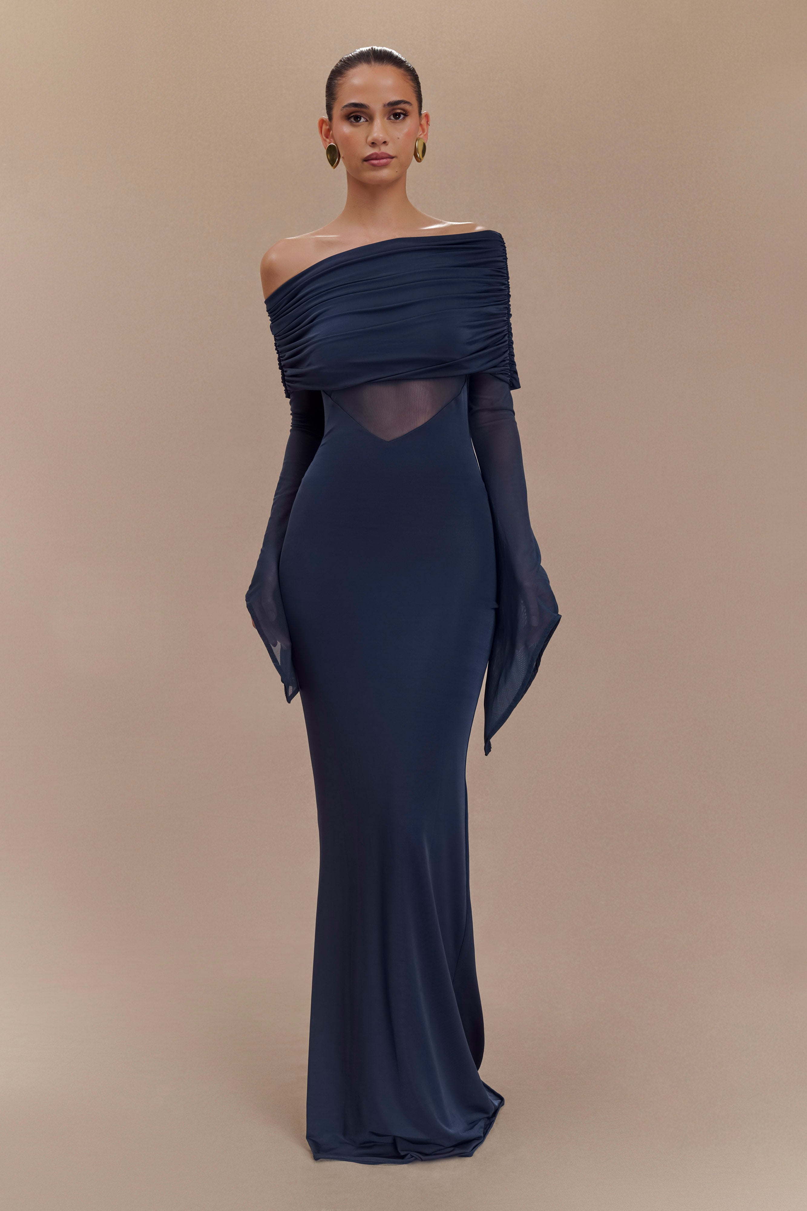 Kaitlin One Shoulder Slinky And Mesh Maxi Dress - Midnight Blue、mySite、solidvoid