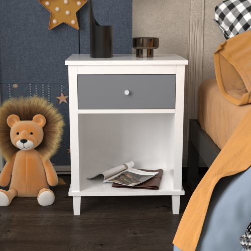26.77''H Wooden Nightstand with One Drawer One Shelf for Kids, Adults, White+Golden handle、、casual
