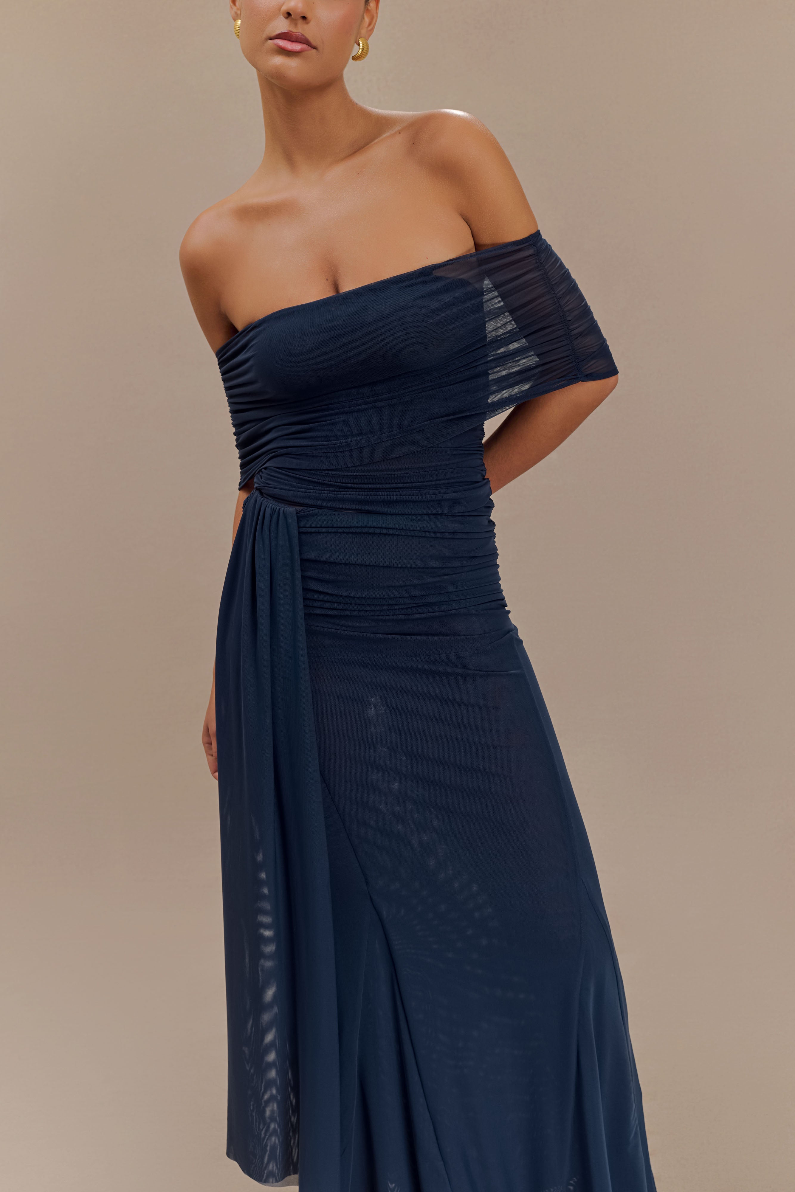 Arna Off Shoulder Mesh Crop Top - Midnight Blue、mySite、solidvoid