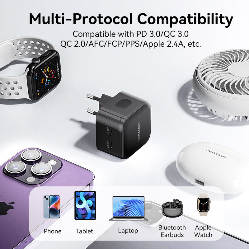 Vention 2-Port USB(C+C) GaN Charger (35W/35W) EU-Plug、mySite、fannypackpong
