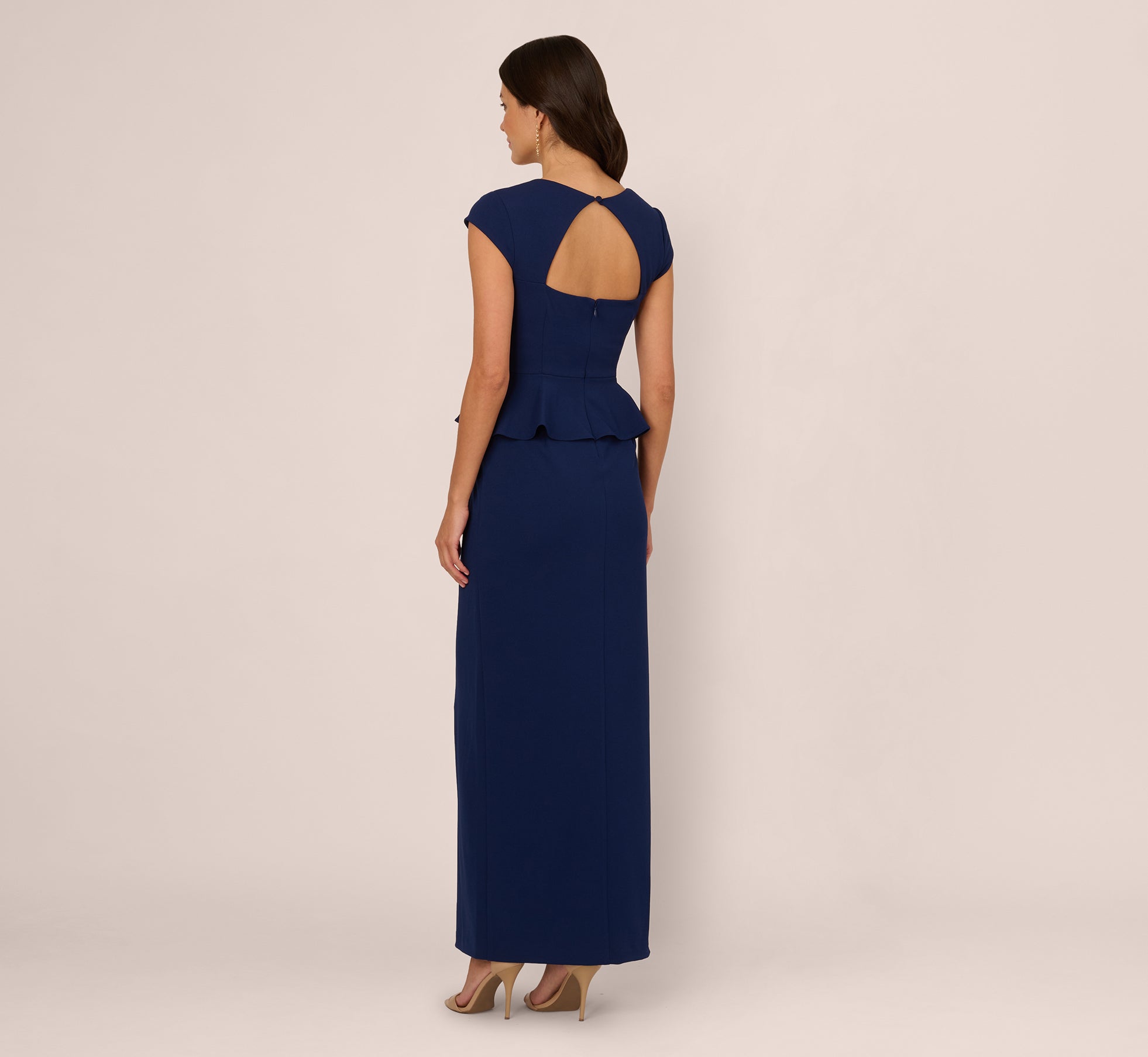 Cap Sleeve Draped Peplum Gown In Navy Sateen、mySite、solidvoid
