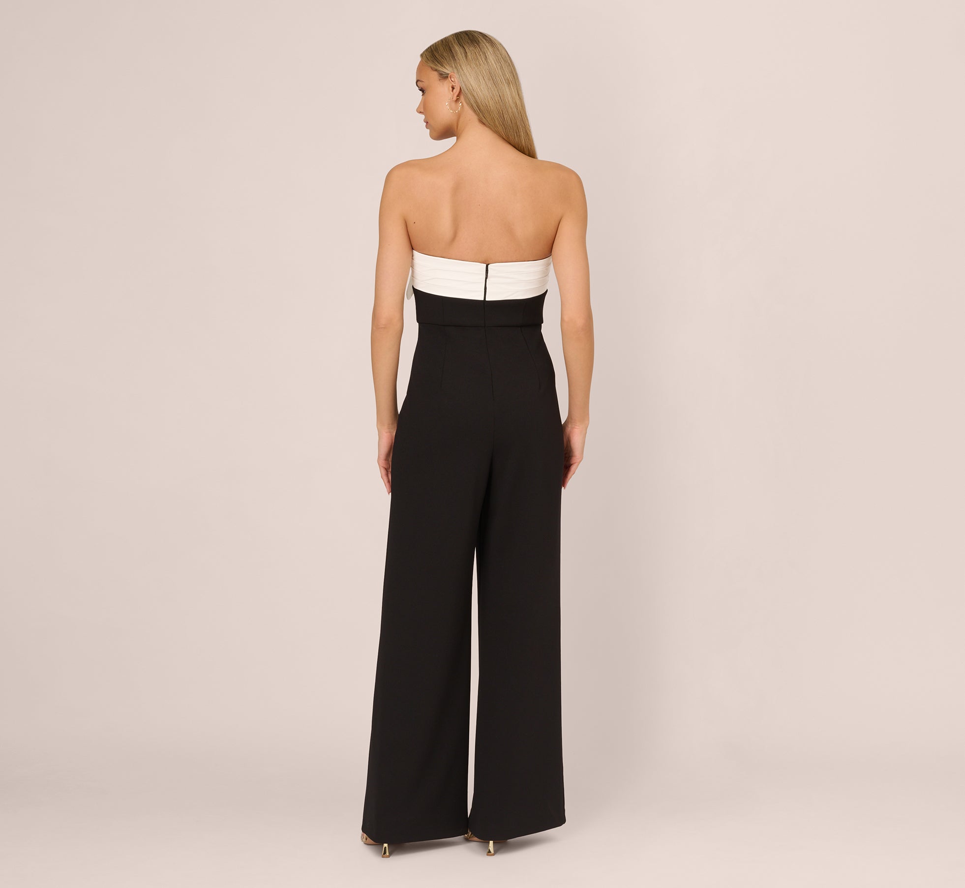 Colorblock Crepe Strapless Jumpsuit With Bow Accent In Black White、mySite、solidvoid