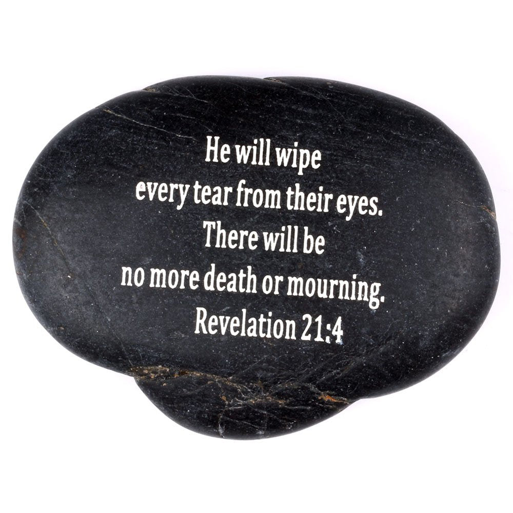  Holy Land Market Engraved Inspirational Scripture Biblical Black Stones collection - Stone XI : Revelation 21:4 : He will wipe every tear from their eyes. There will be no more death or mourning.、mySite、elrpsem3k