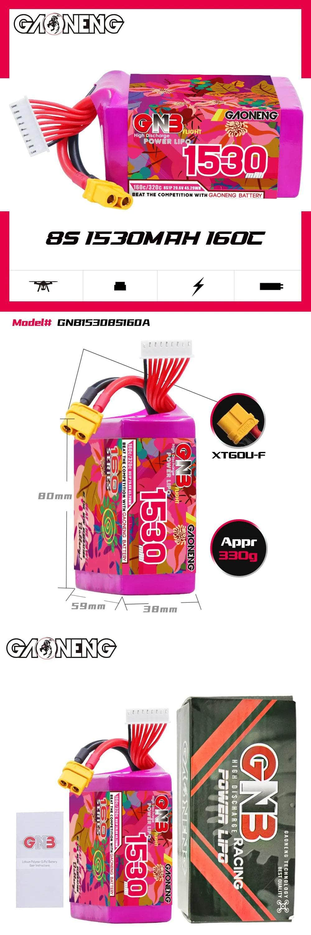 Gaoneng GNB 29.6V 8S 1530mAh 160C Lipo Battery - XT60